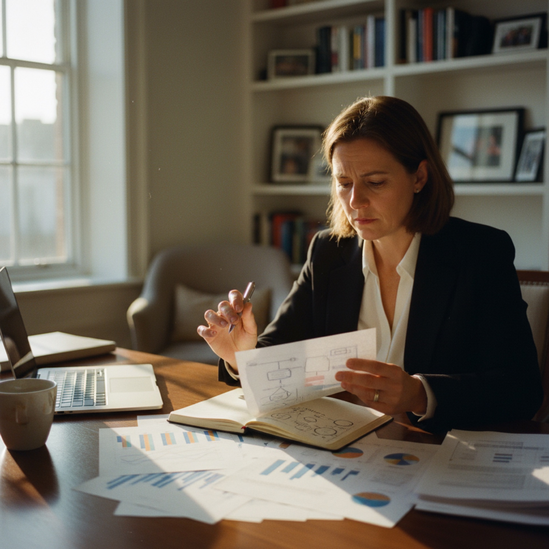 A person reviewing printed charts and handwritten notes at an office desk with a laptop open beside them
