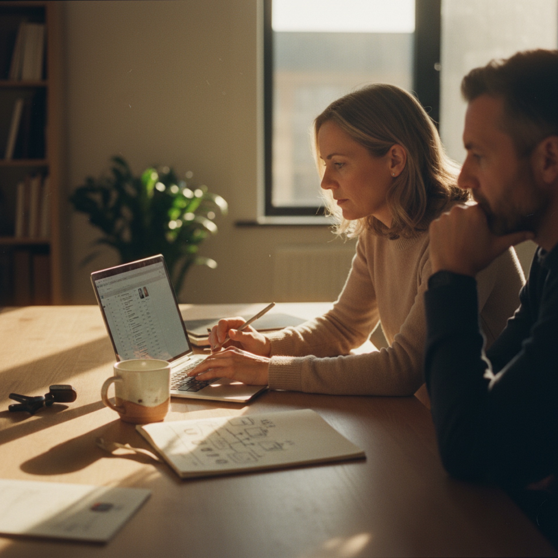 Two recruitment consultants reviewing candidate profiles on a laptop in a bright office