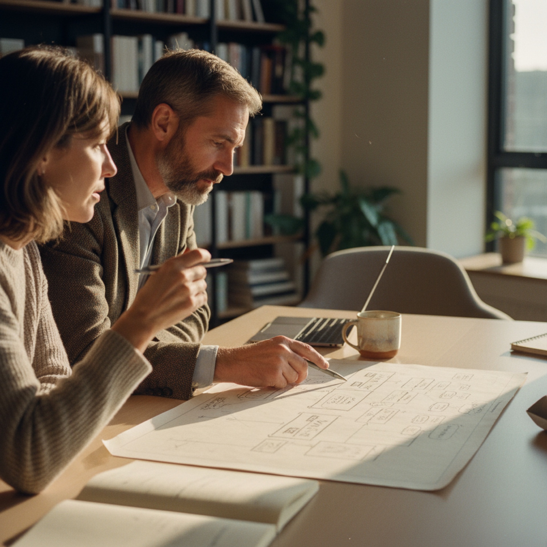 Two people reviewing printed documents together at an office desk