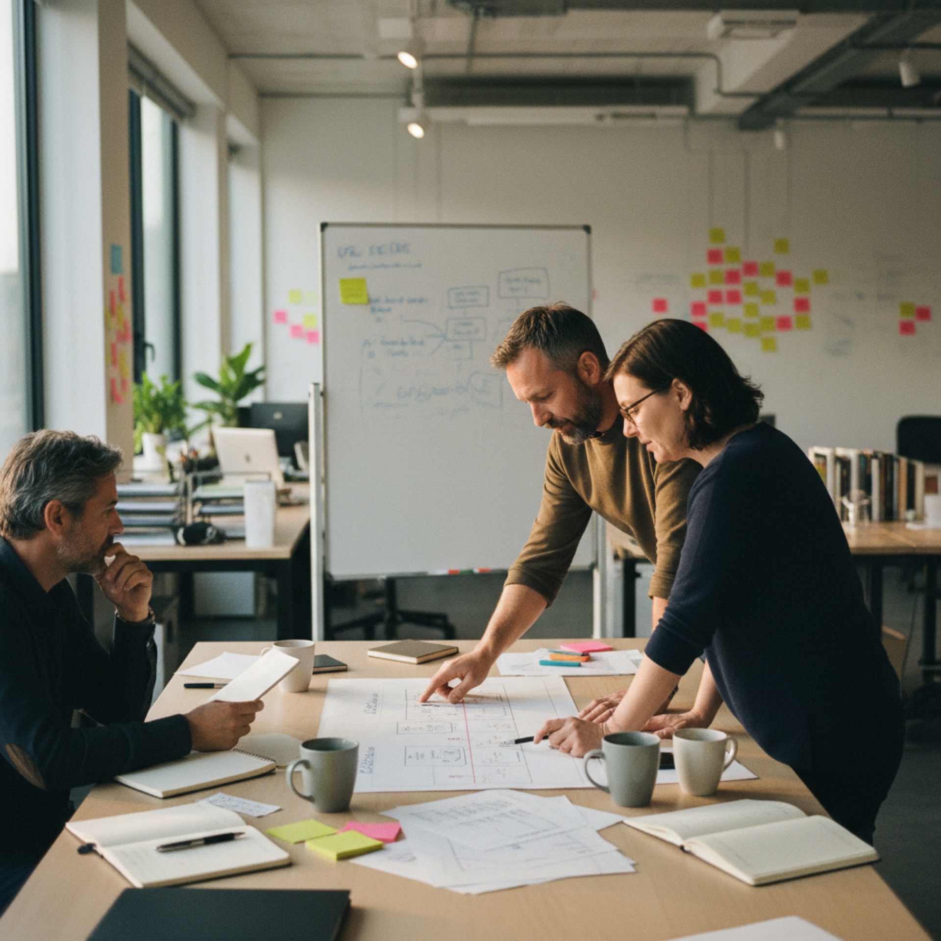 Founder and two colleagues reviewing a workflow diagram on a desk in a bright open-plan office
