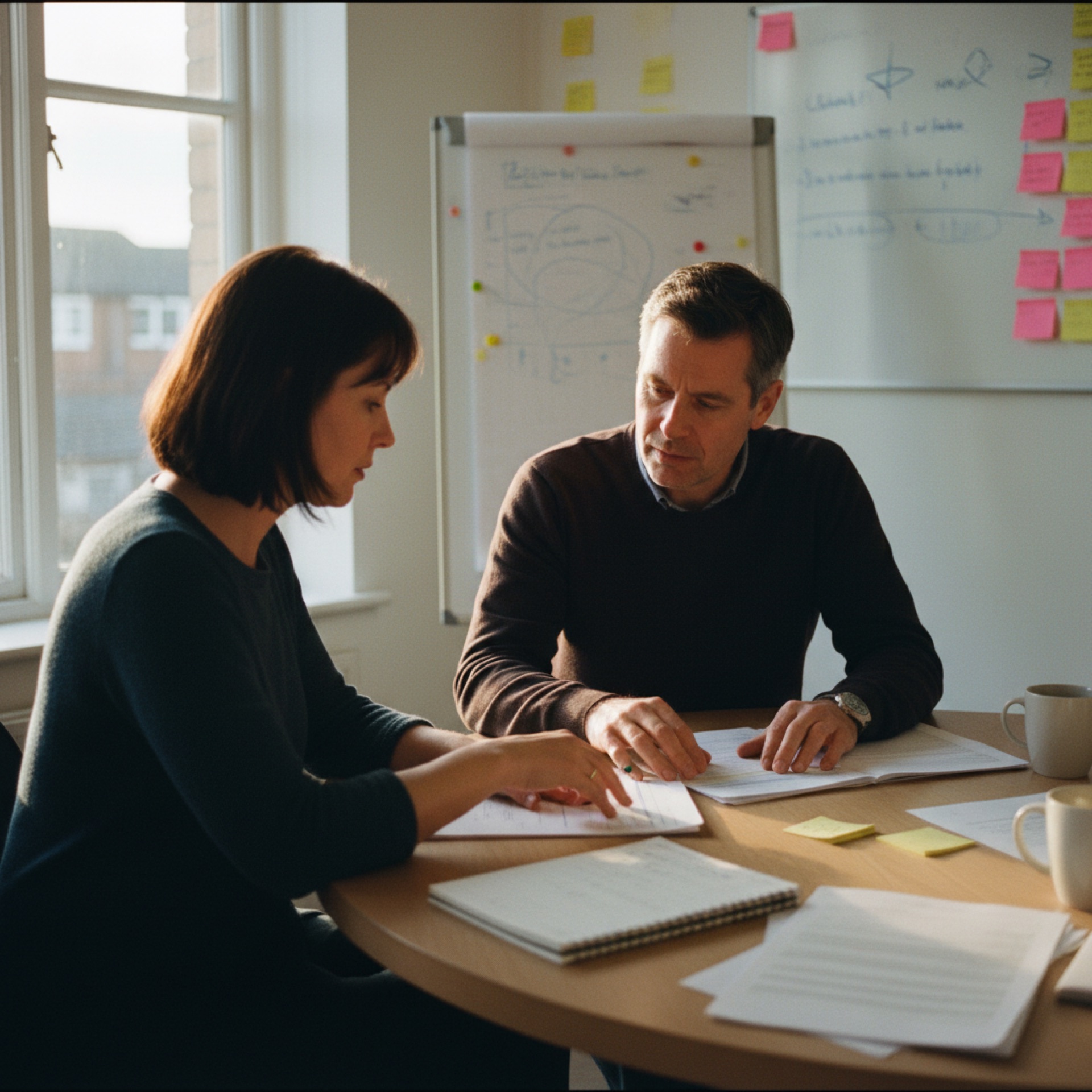 Two people talking across a small office table with papers in front of them