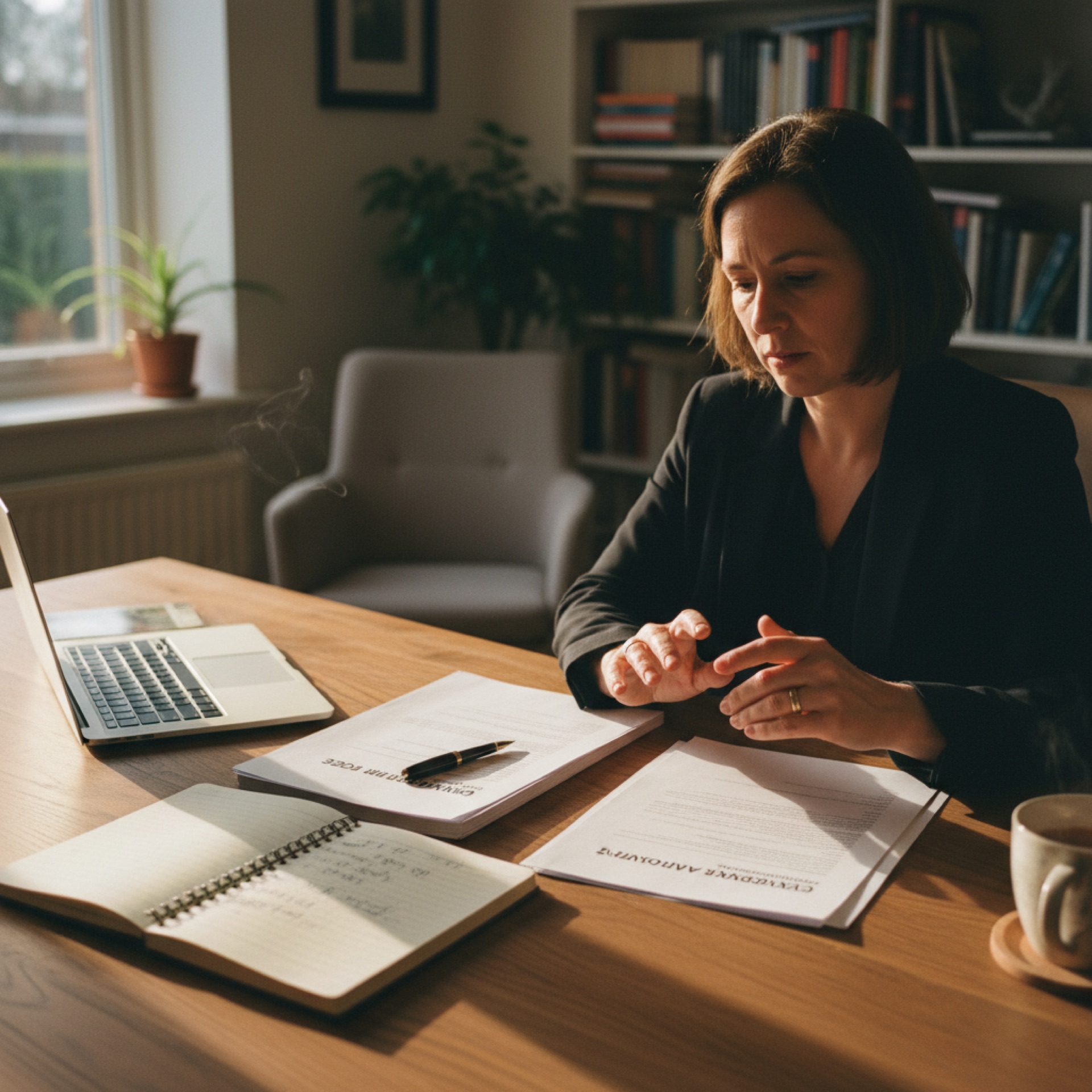 A person at a desk comparing two printed documents with a laptop and coffee beside them