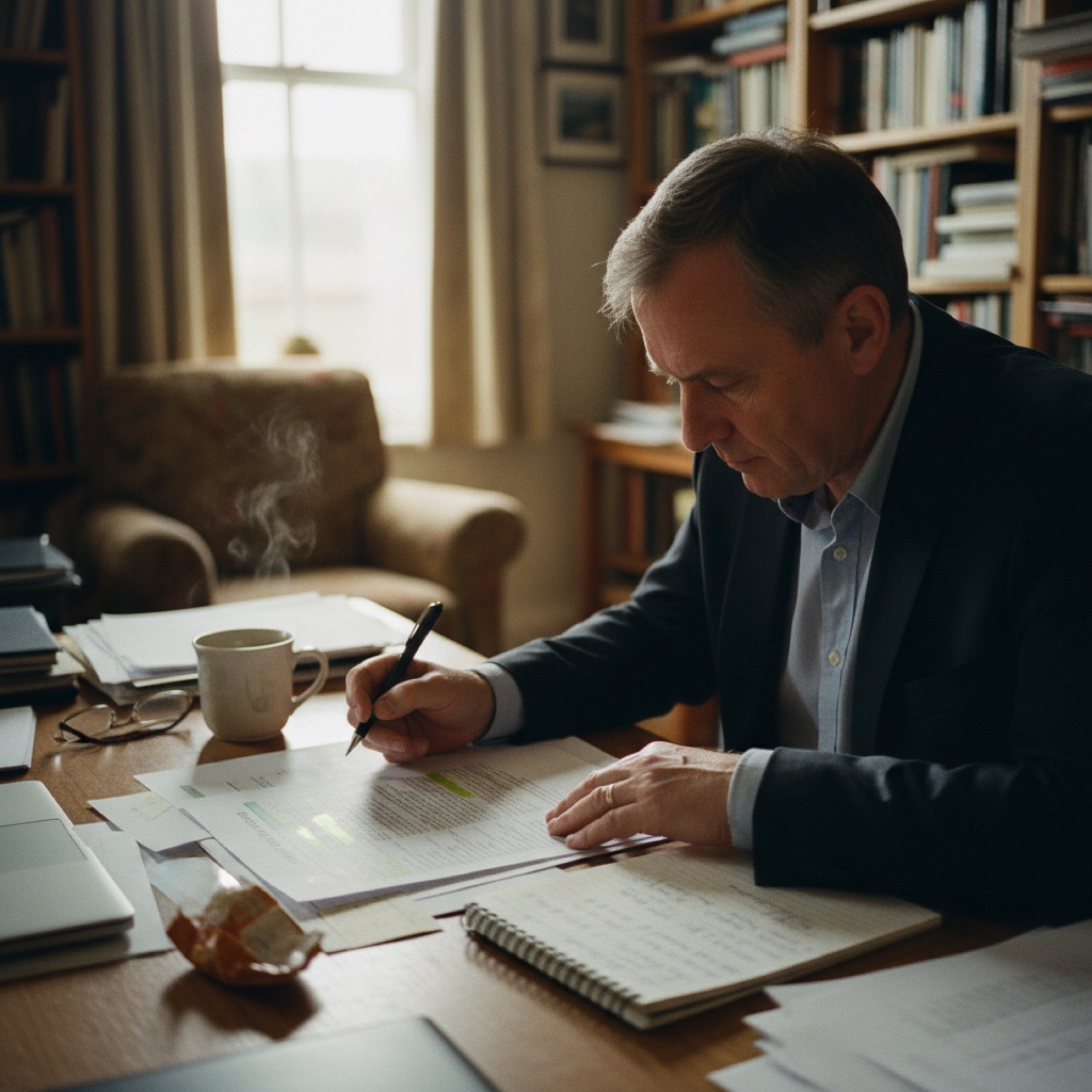 A business owner reviewing a spreadsheet on a laptop at a desk with papers nearby