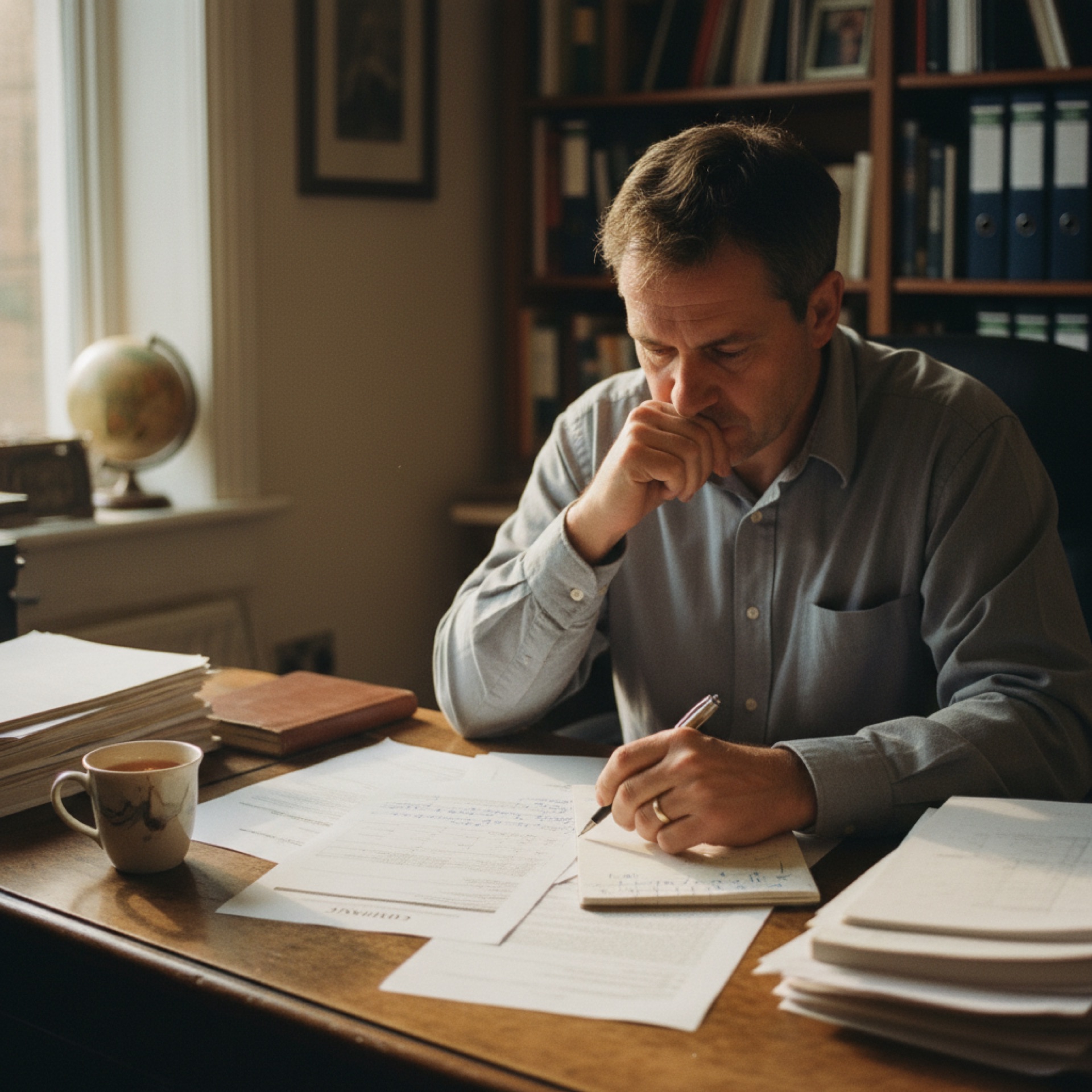 Business owner reviewing documents at a desk in a small office with natural light