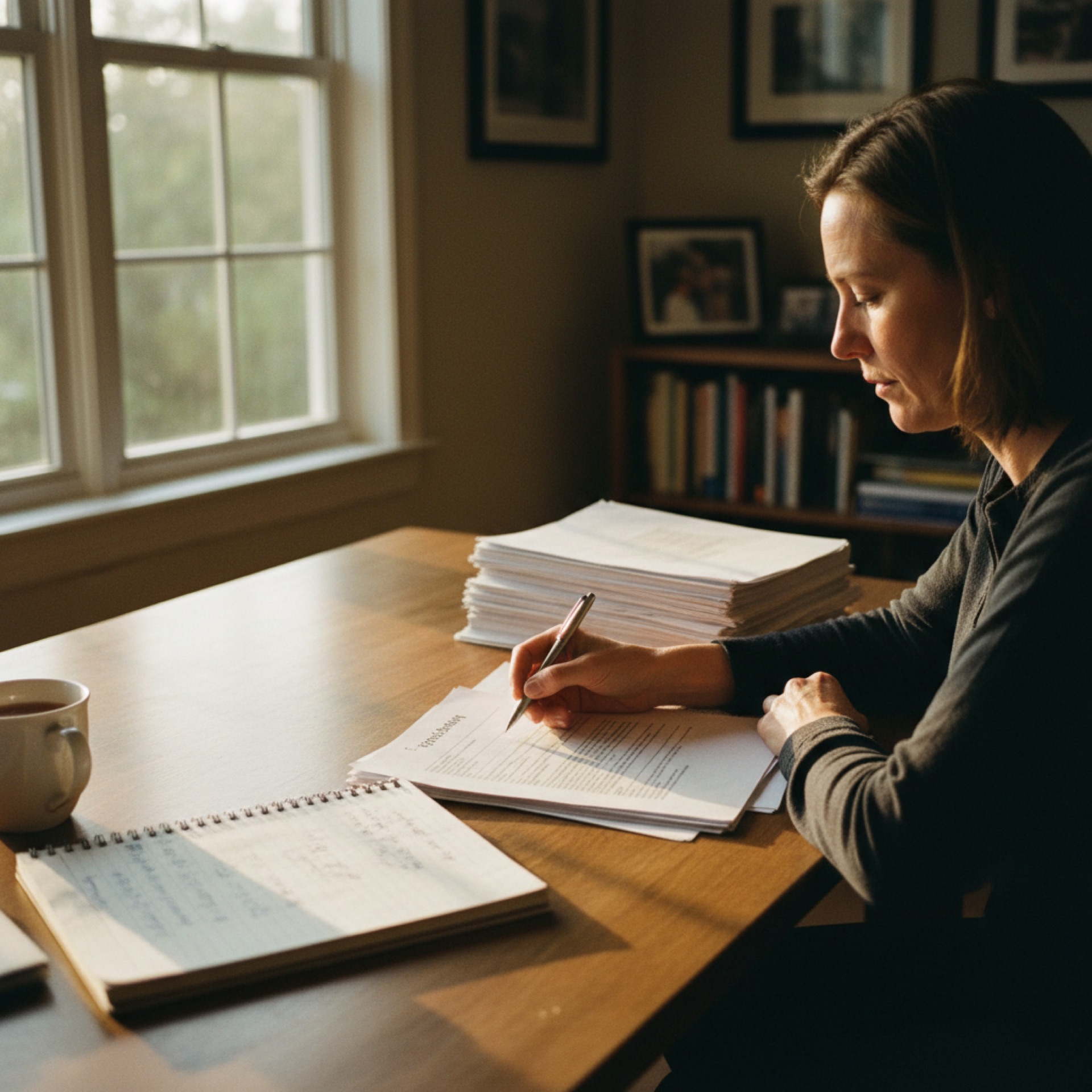 person sitting at a desk reviewing printed documents with a laptop open beside them