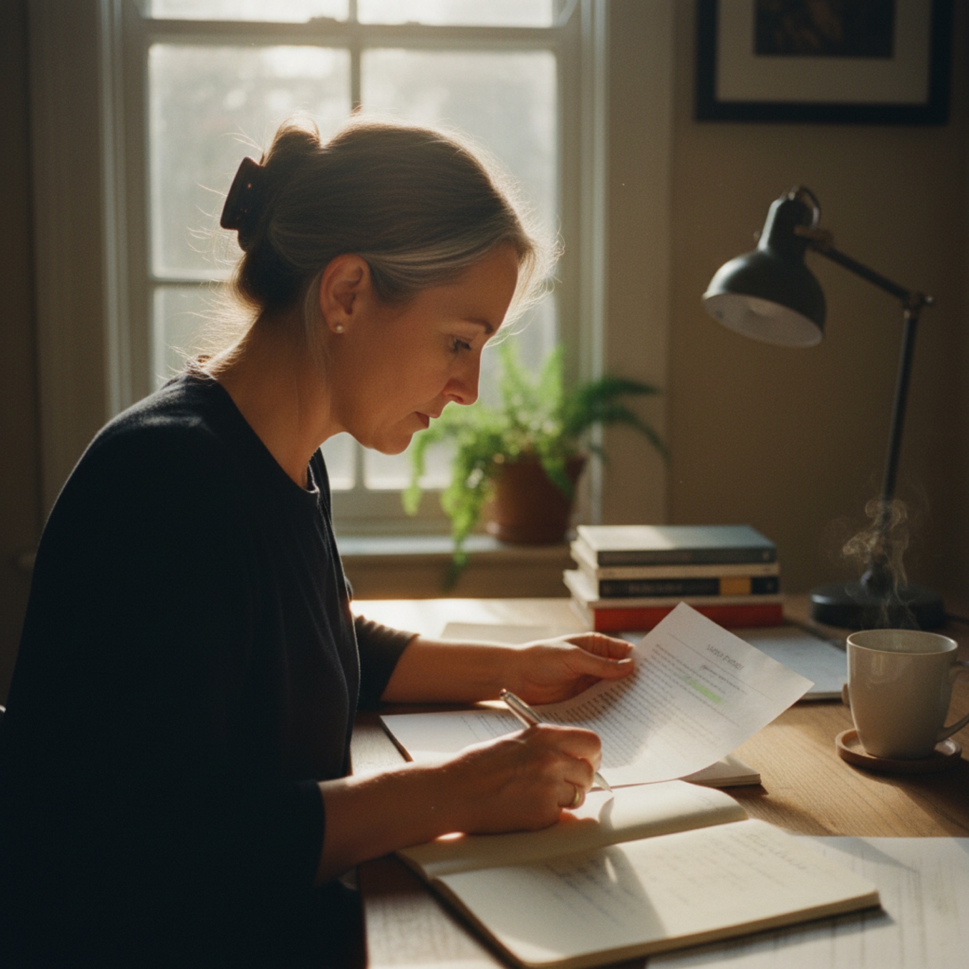Person at a desk reviewing a screen with a notepad open beside them