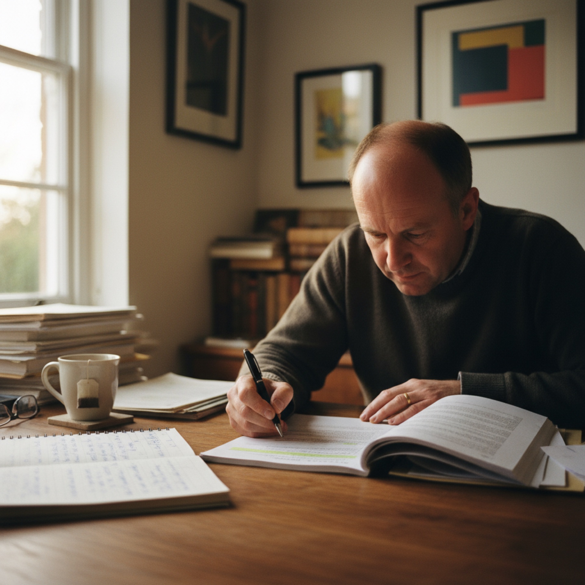 A person reviewing printed documents at a desk with a pen in hand