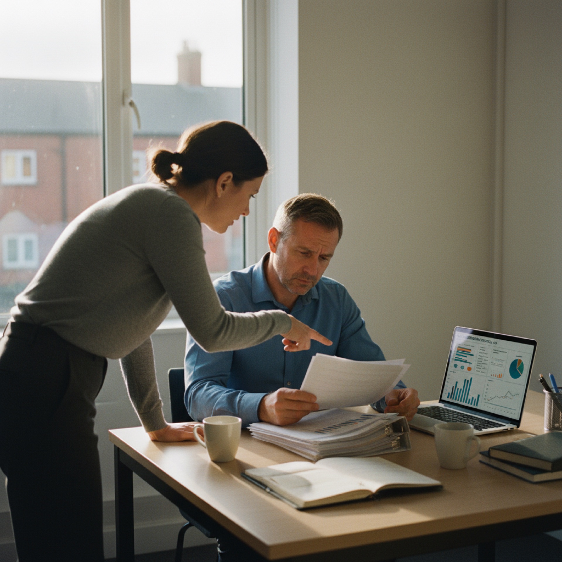 Two people at a desk reviewing data on a laptop screen, one looking concerned at the figures