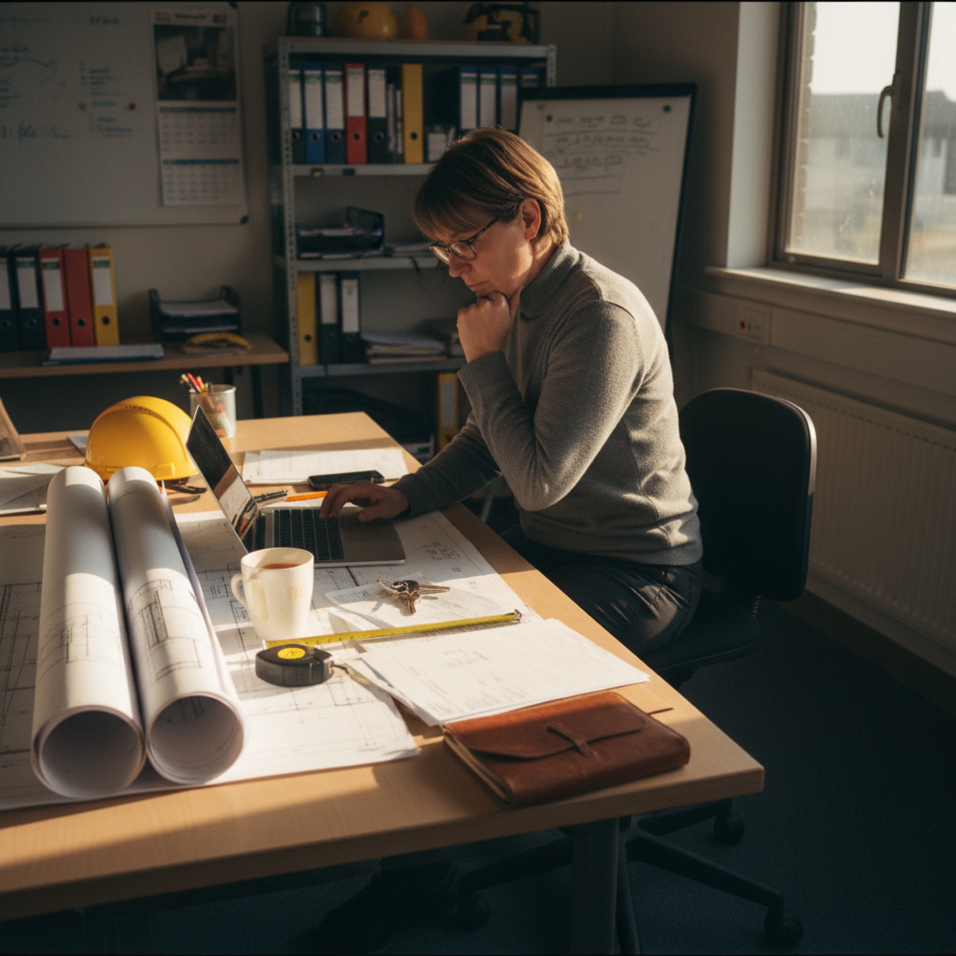 A business owner at a desk reviewing documents and a laptop in a construction firm office