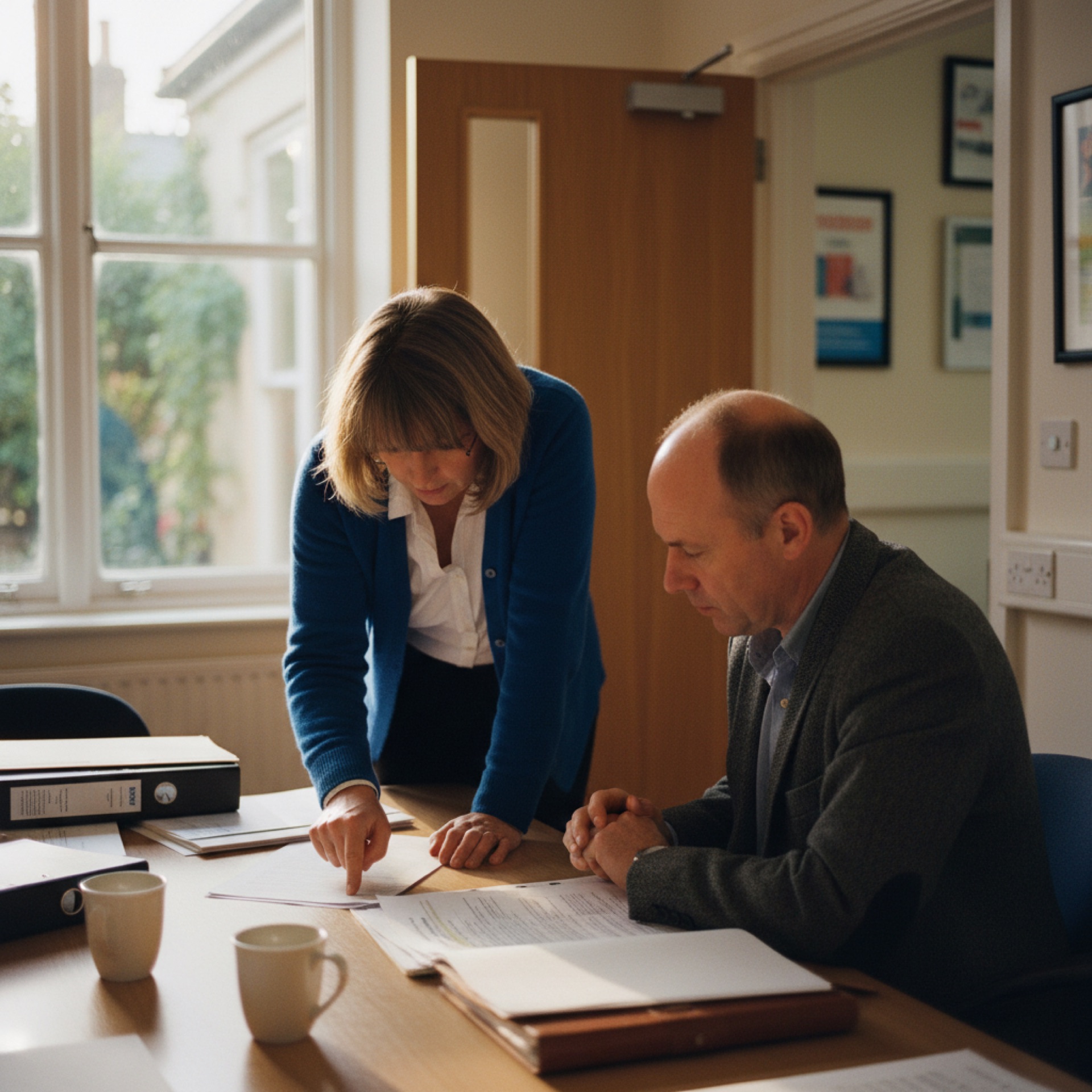Two people at a small meeting table reviewing documents together, one pointing at a page