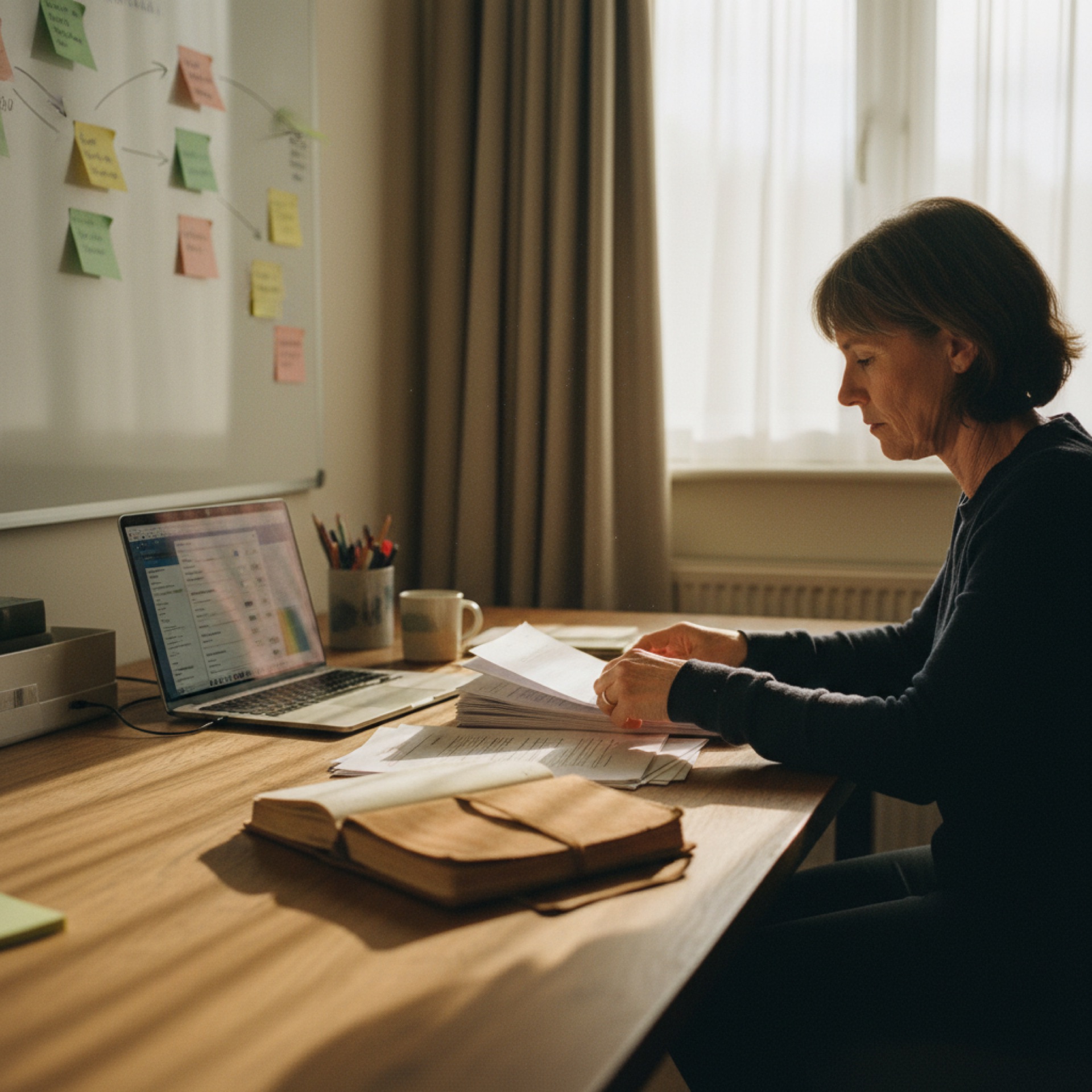 Person at a desk reviewing documents beside an open laptop