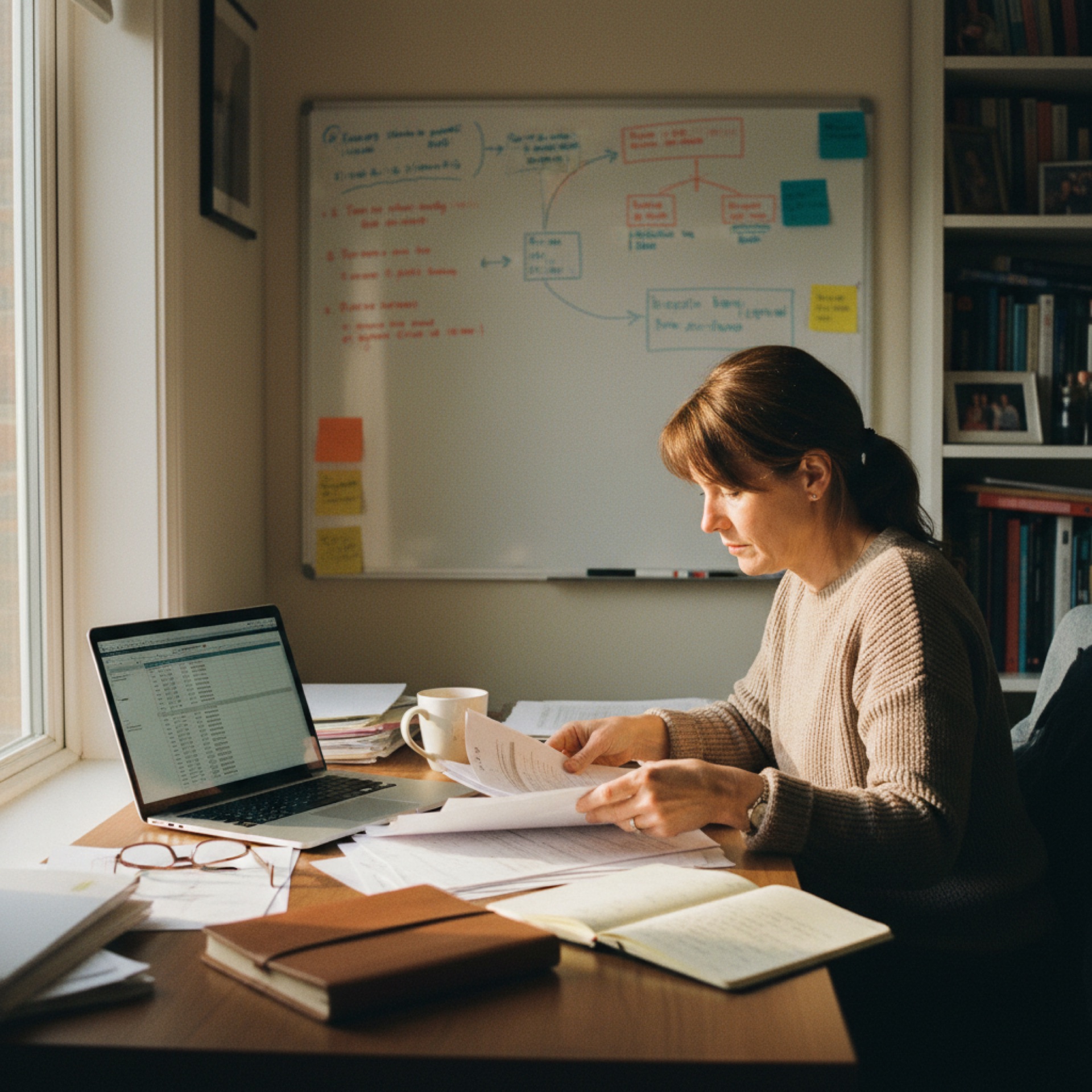 Person reviewing documents alongside an open laptop at a wooden desk