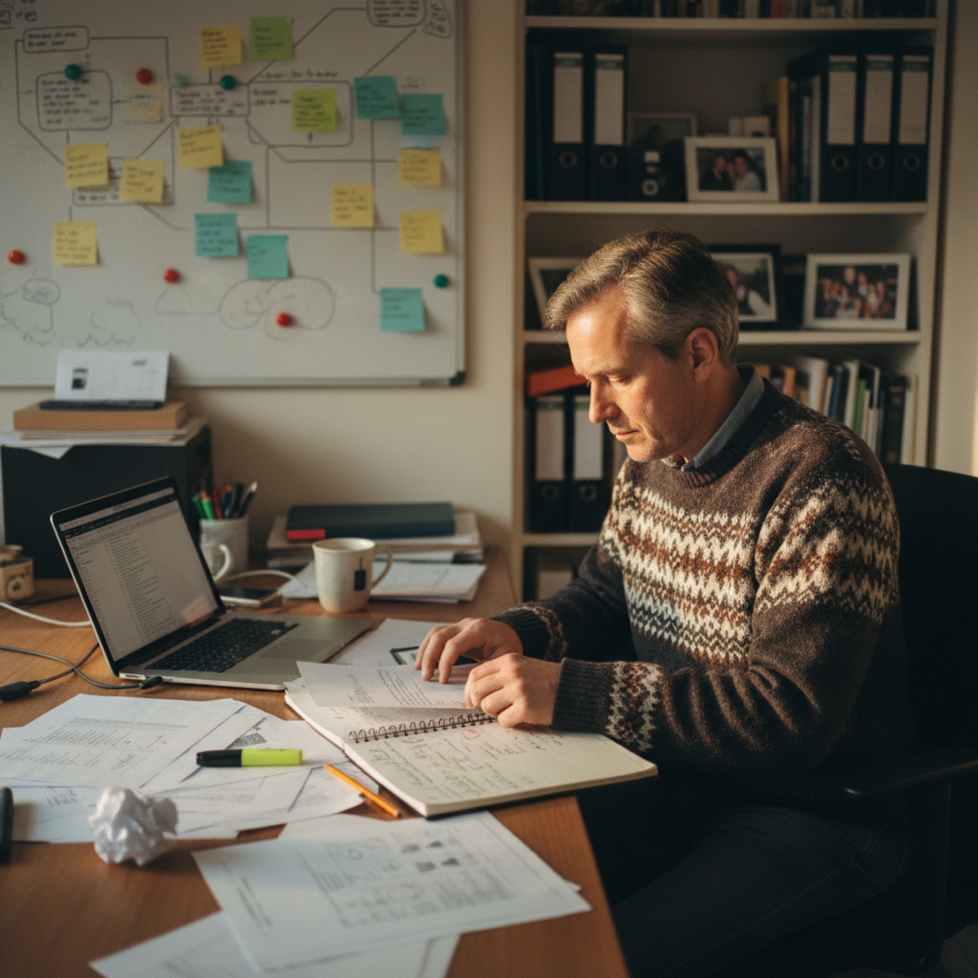 A person reviewing printed documents and notes at a desk with an open laptop, working in a well-lit office.