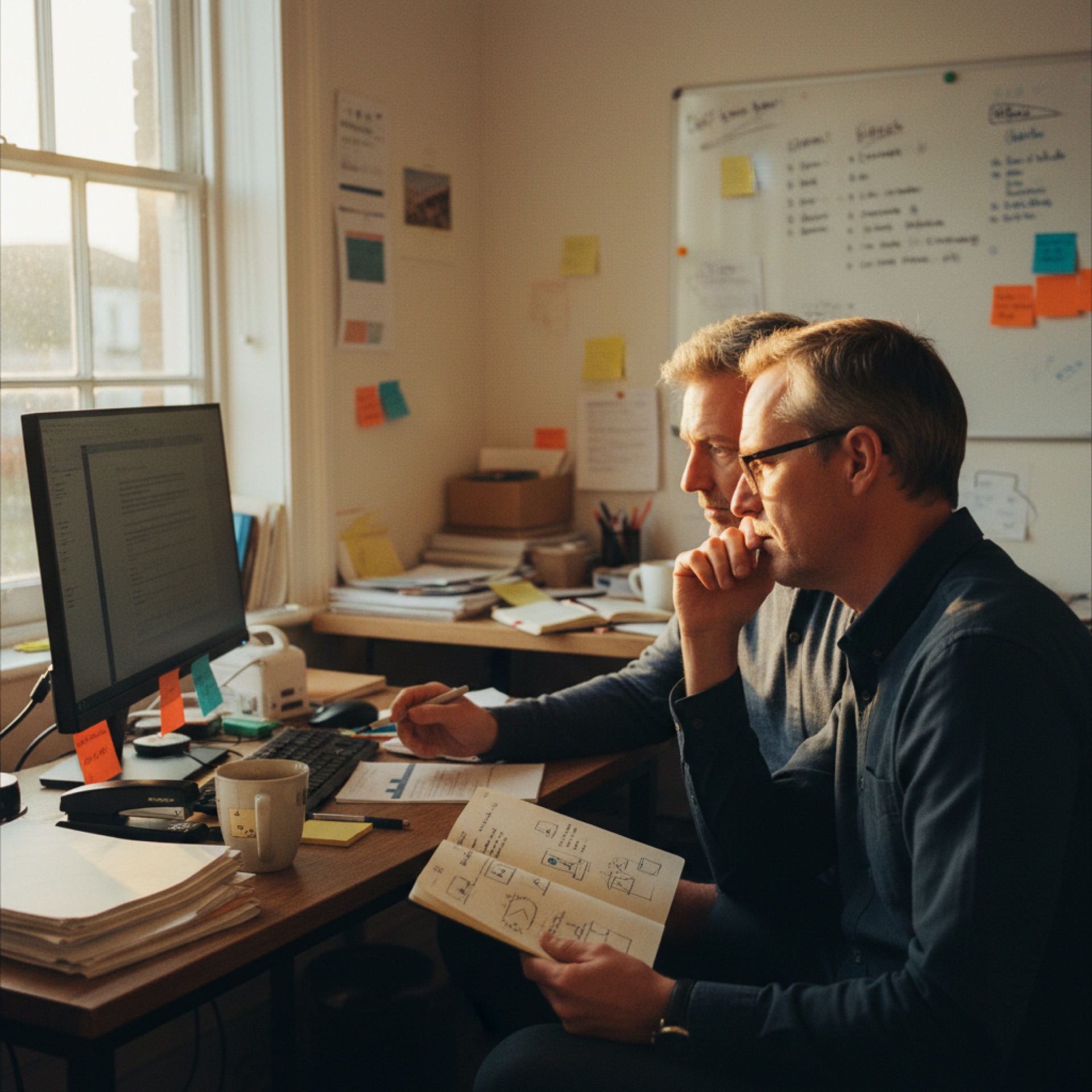 Two colleagues reviewing a shared document on a computer screen in a small office
