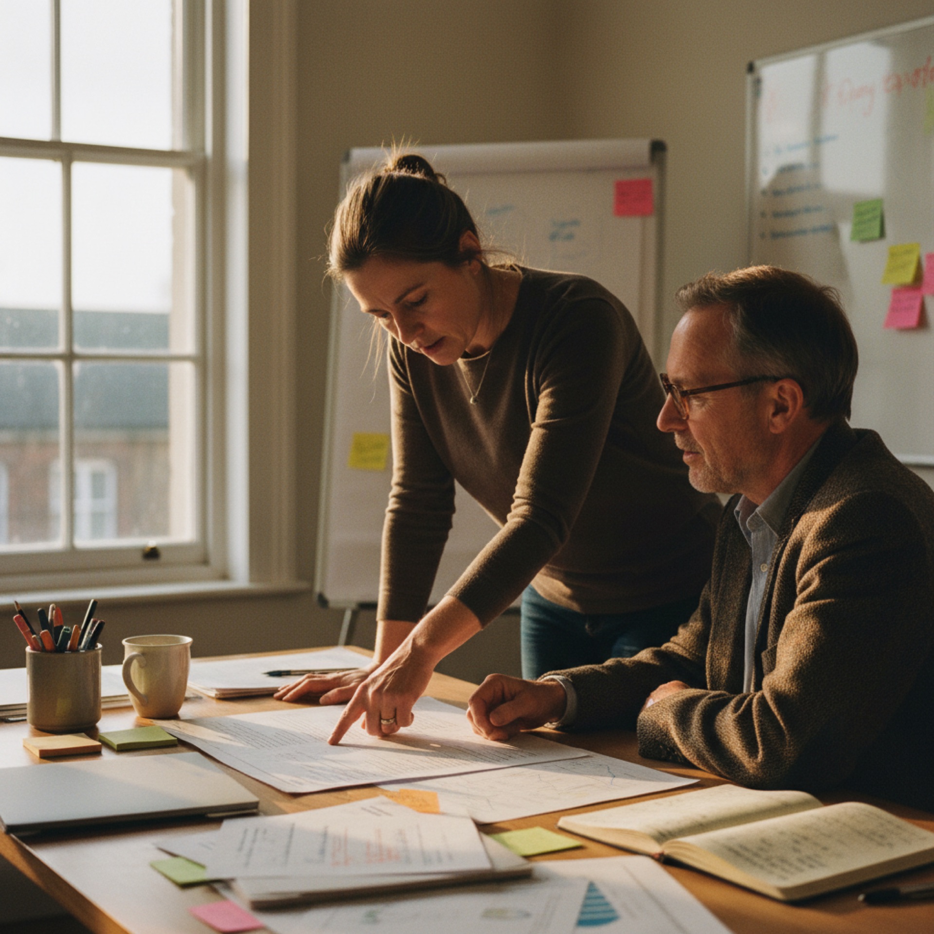 Two people at a desk reviewing a printed document together in an office