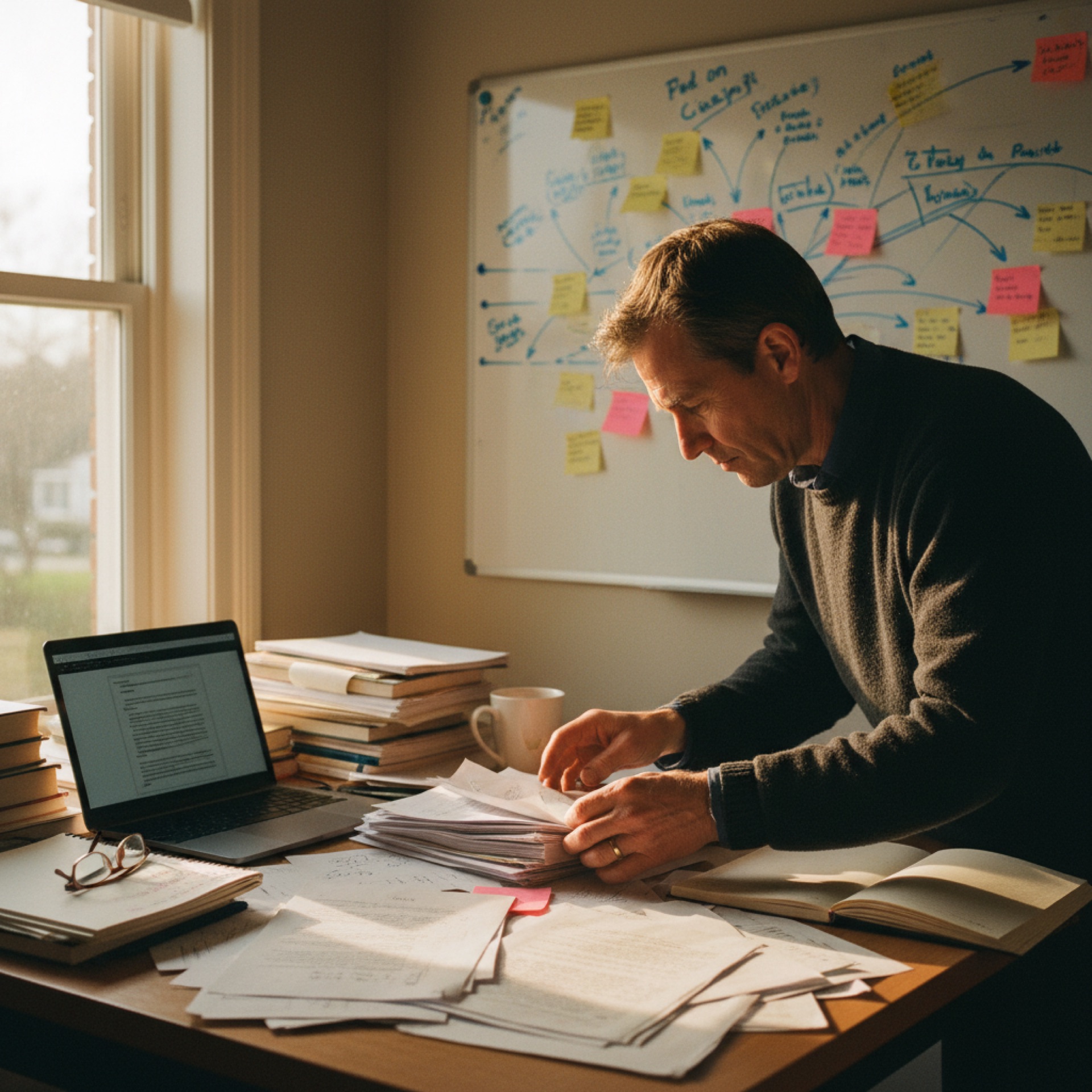 A person reviewing printed reports at a desk with a laptop open beside them