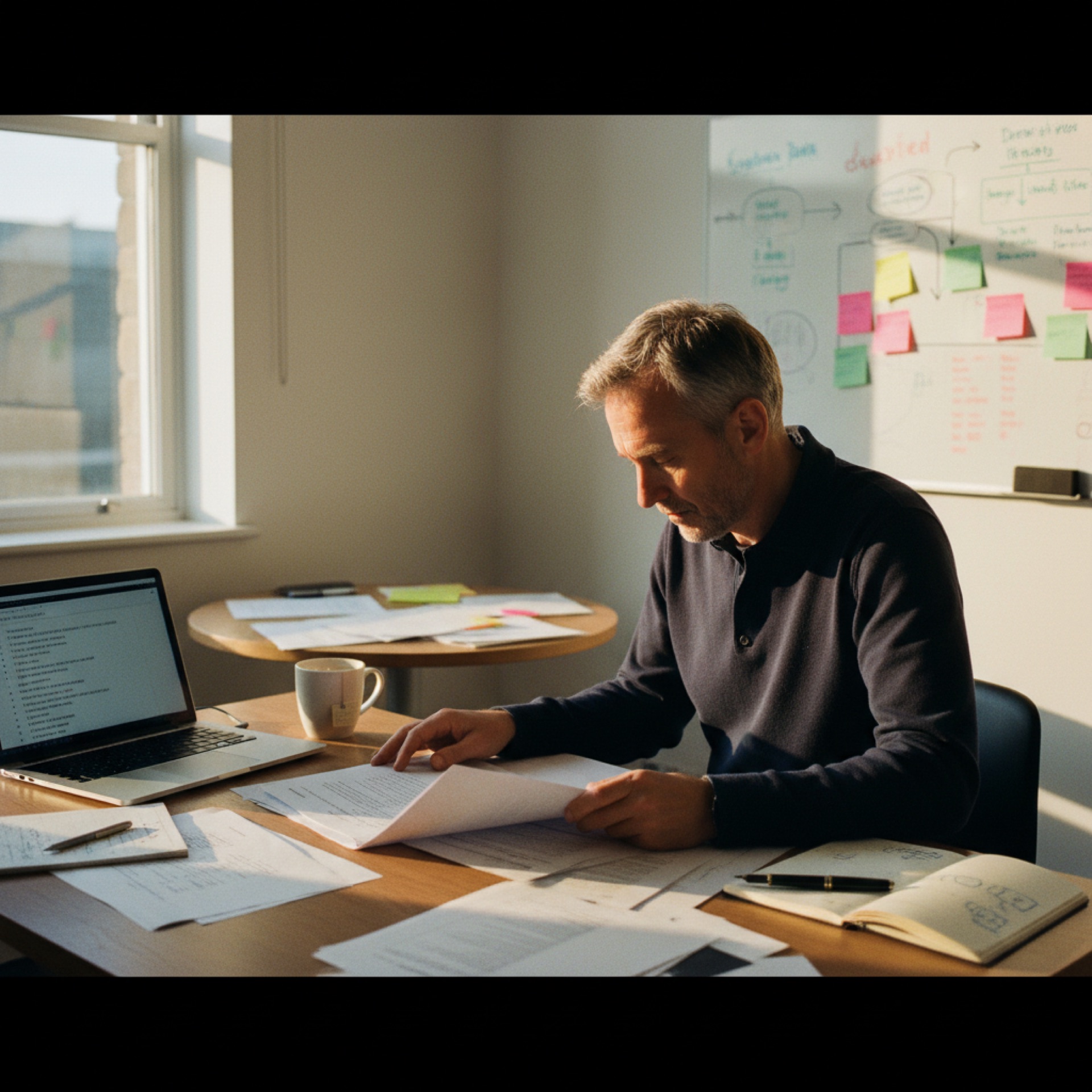 A person at a desk reading a printed document next to a laptop screen showing a meeting summary