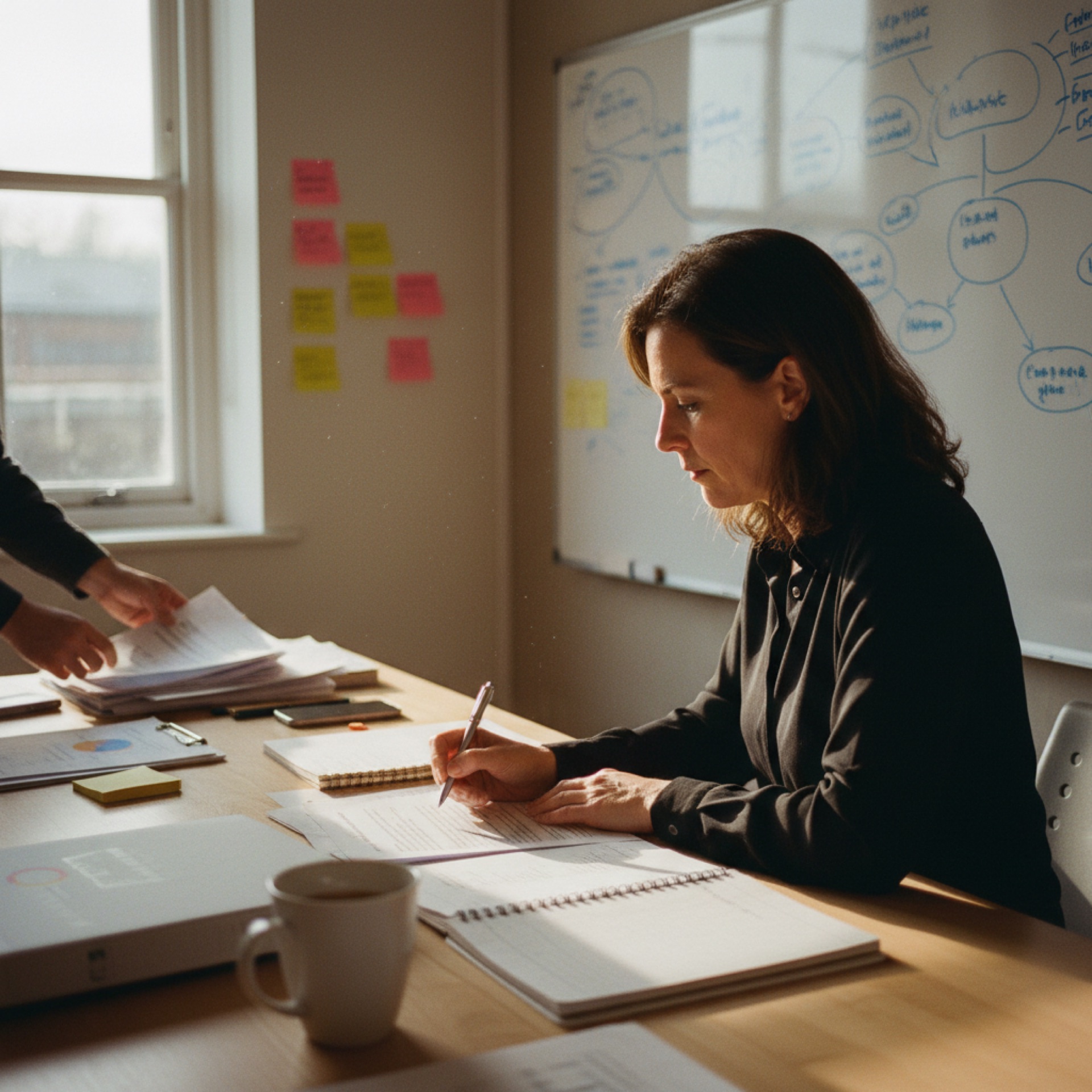 A professional reviewing a printed document at a desk with natural light