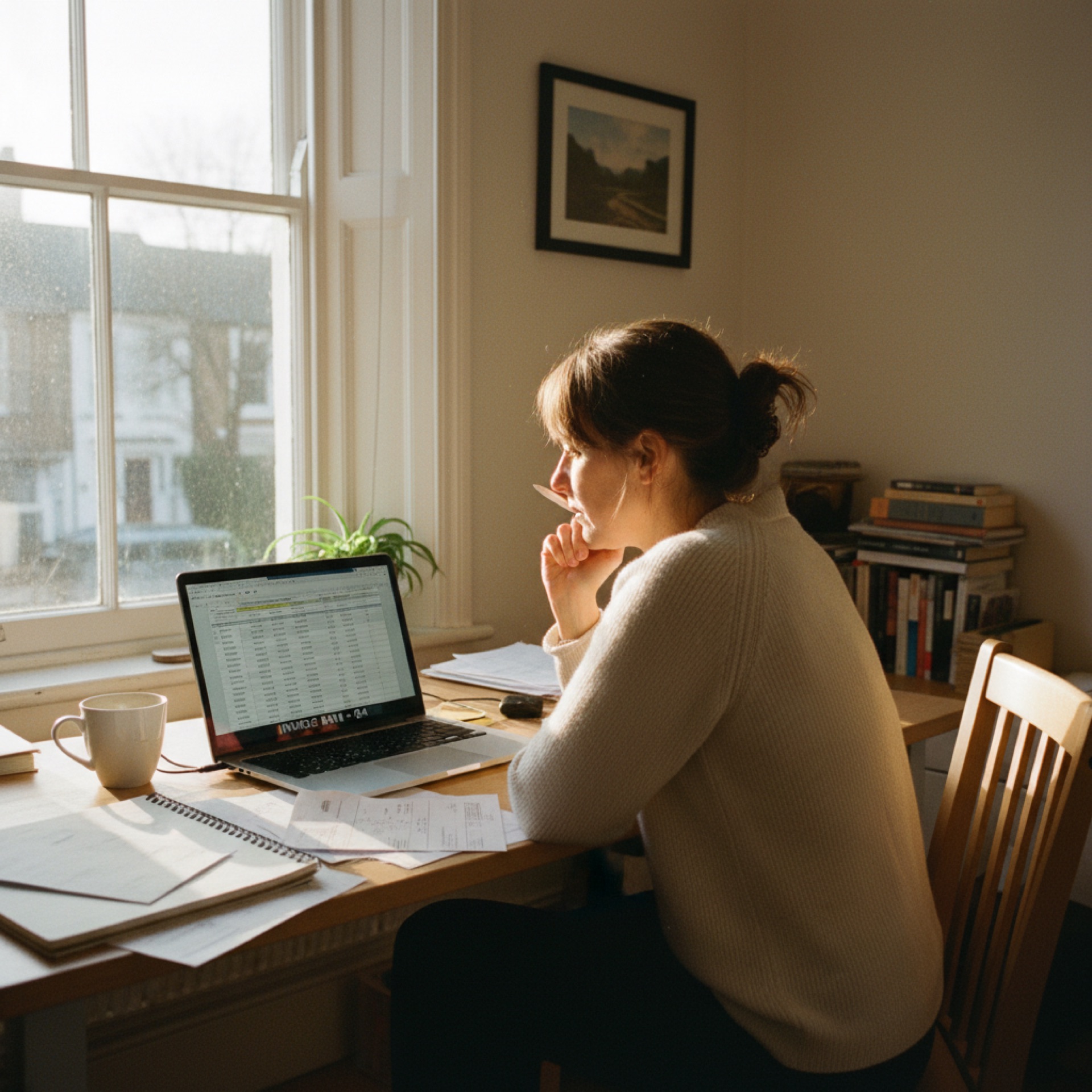 Person reviewing financial data on a laptop at a desk with papers alongside