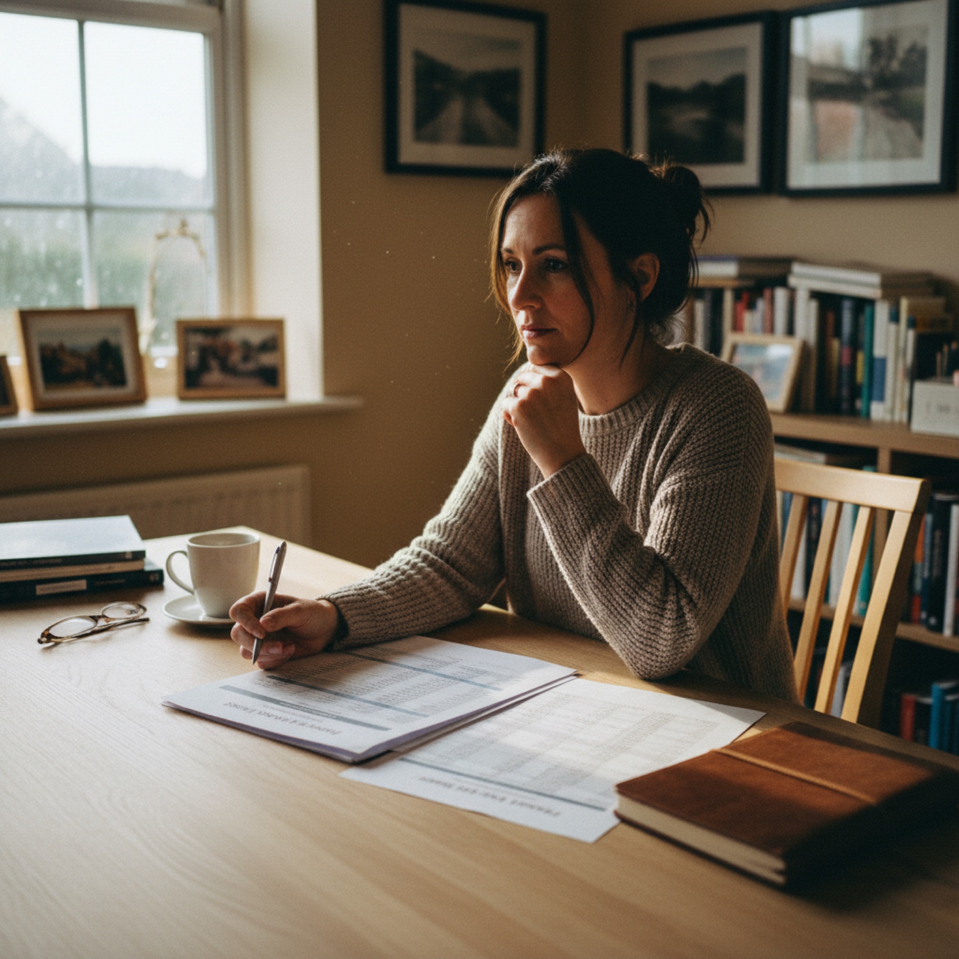 A business owner reviewing pricing documents at a desk with natural light