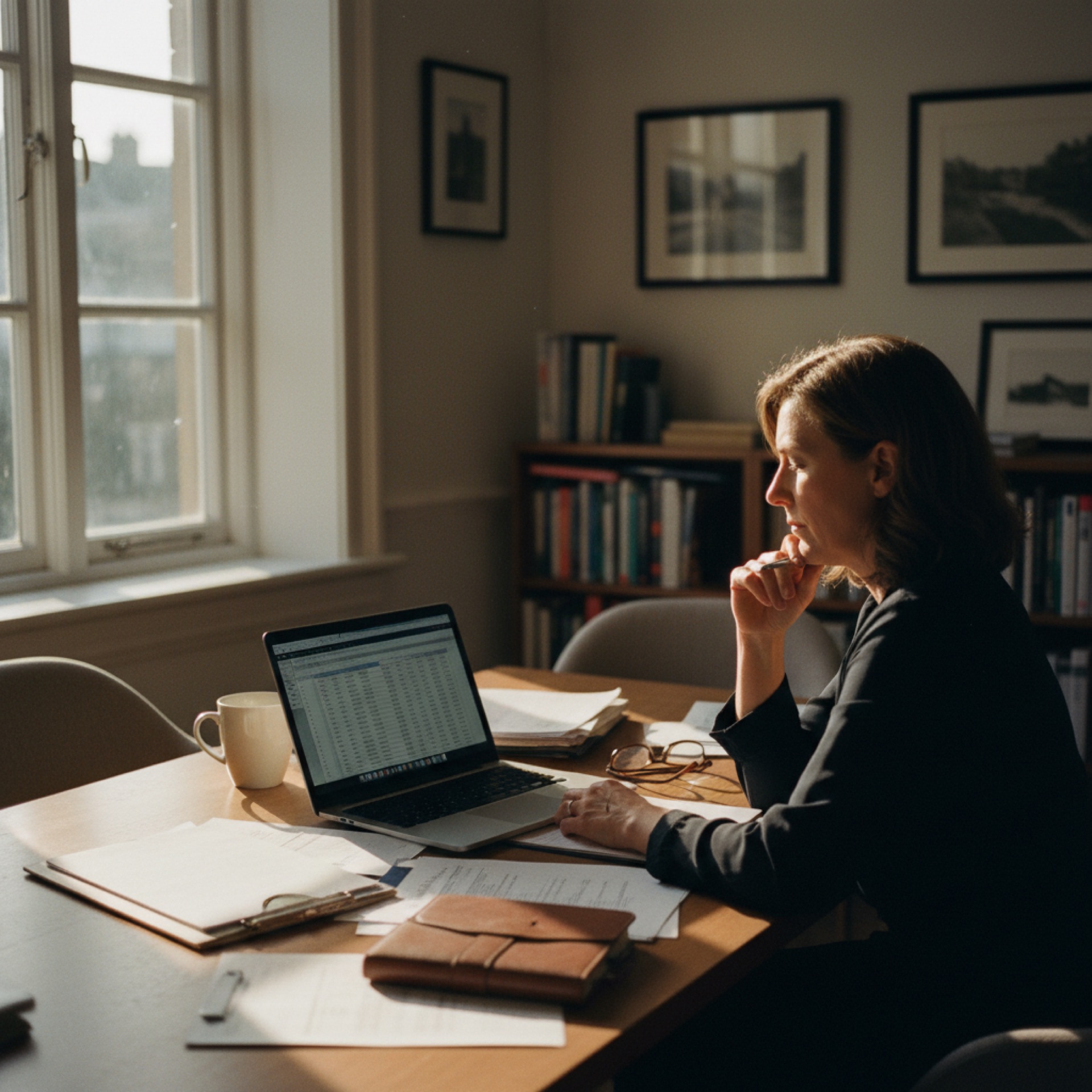 A business owner reviewing financial figures at a desk in a quiet office
