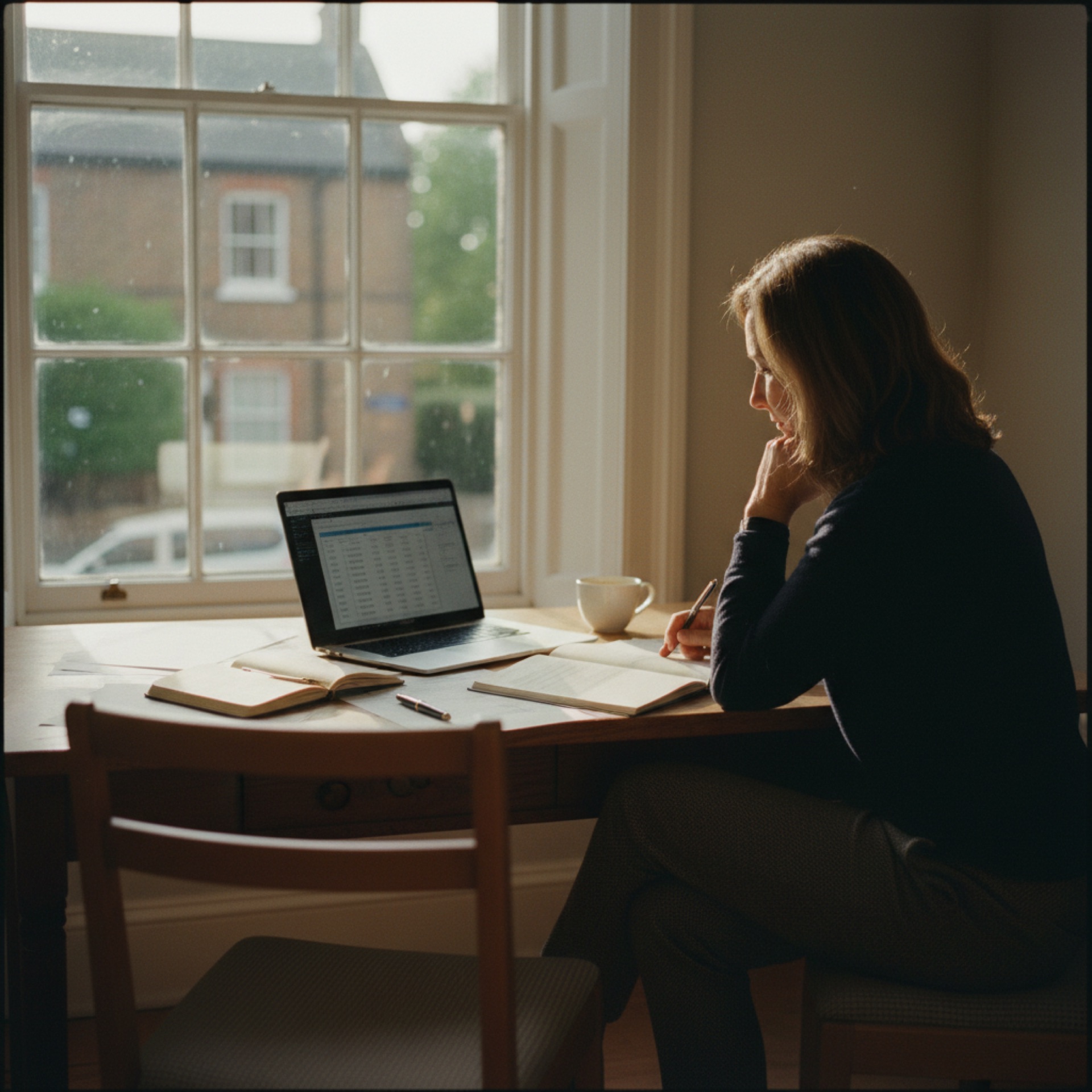 A person reviewing financial documents and a laptop at a desk in a quiet office