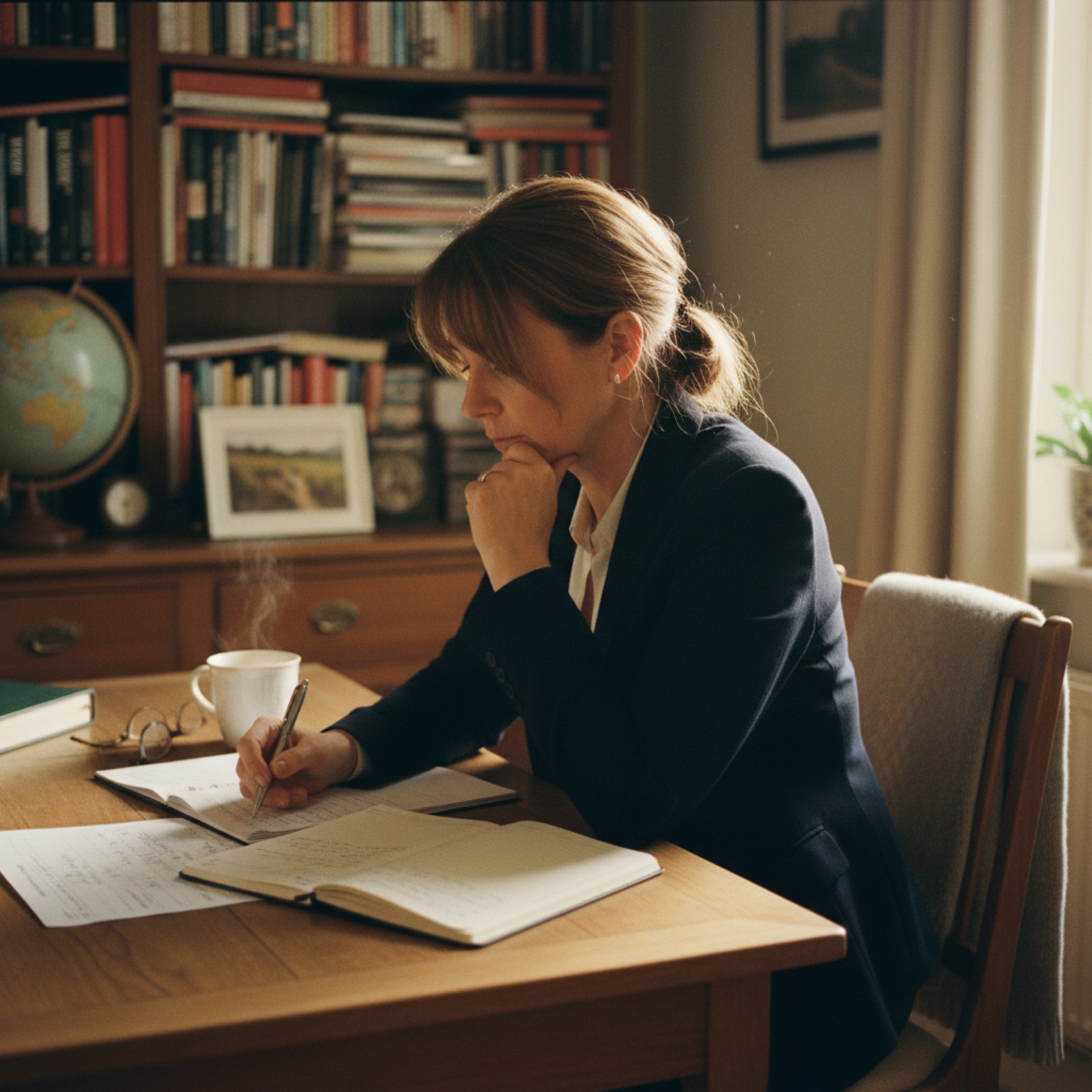 Person reviewing financial reports at a desk in a home study