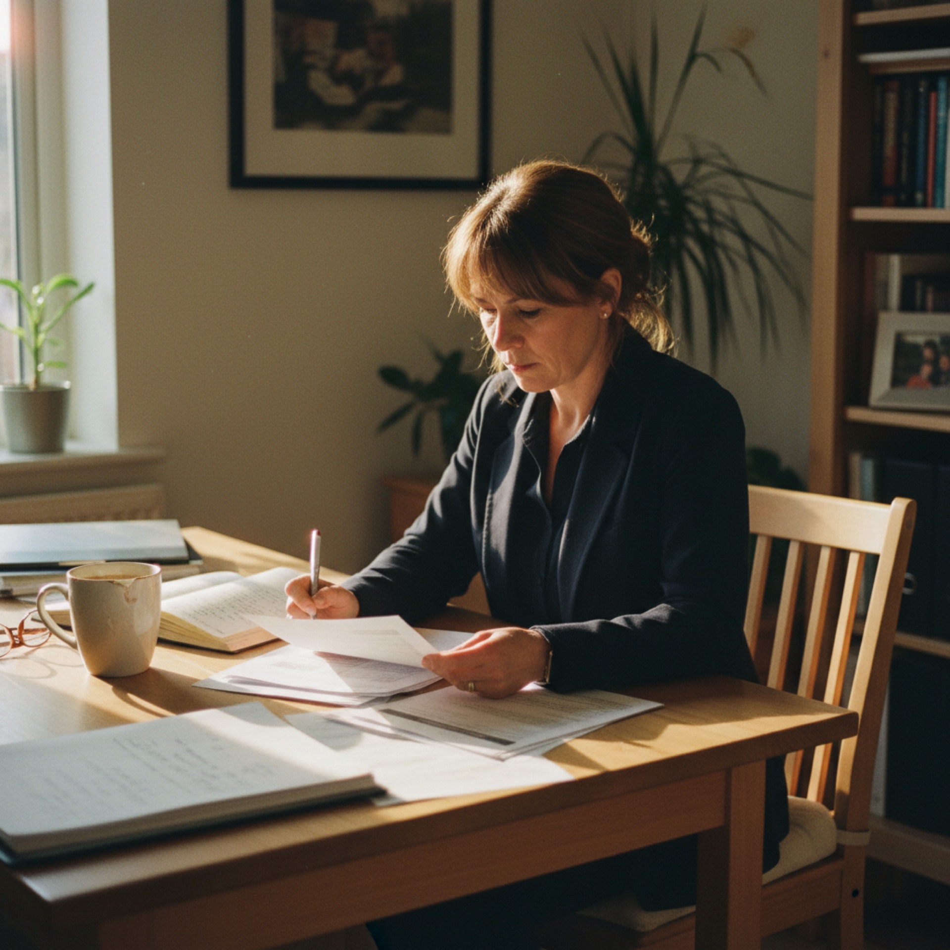 A person reviewing paperwork at a wooden desk with a pen in hand and a mug of coffee to the side