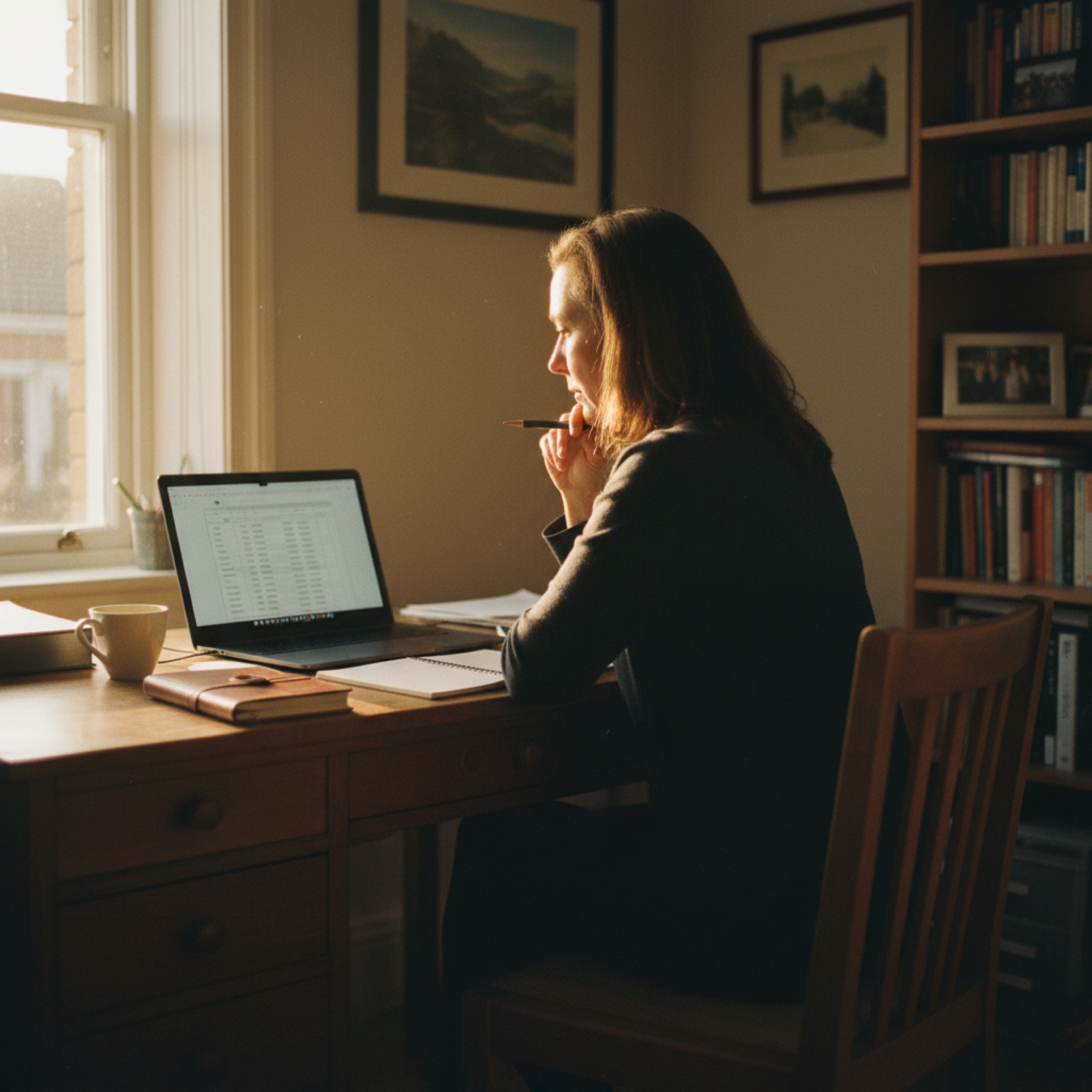 A business owner reviewing pricing figures on a laptop at a desk, pen in hand