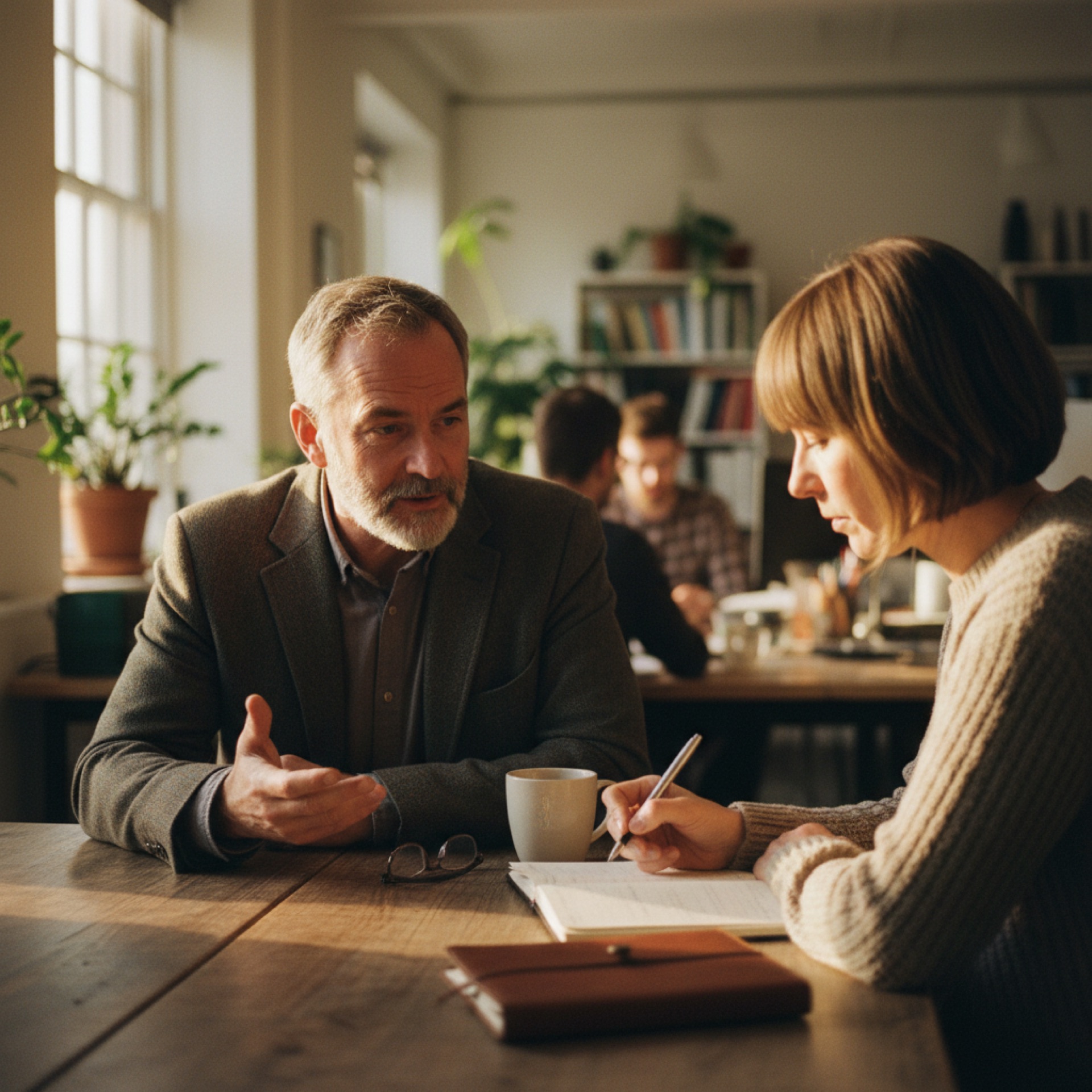 Two colleagues talking at a table, one making notes while the other speaks