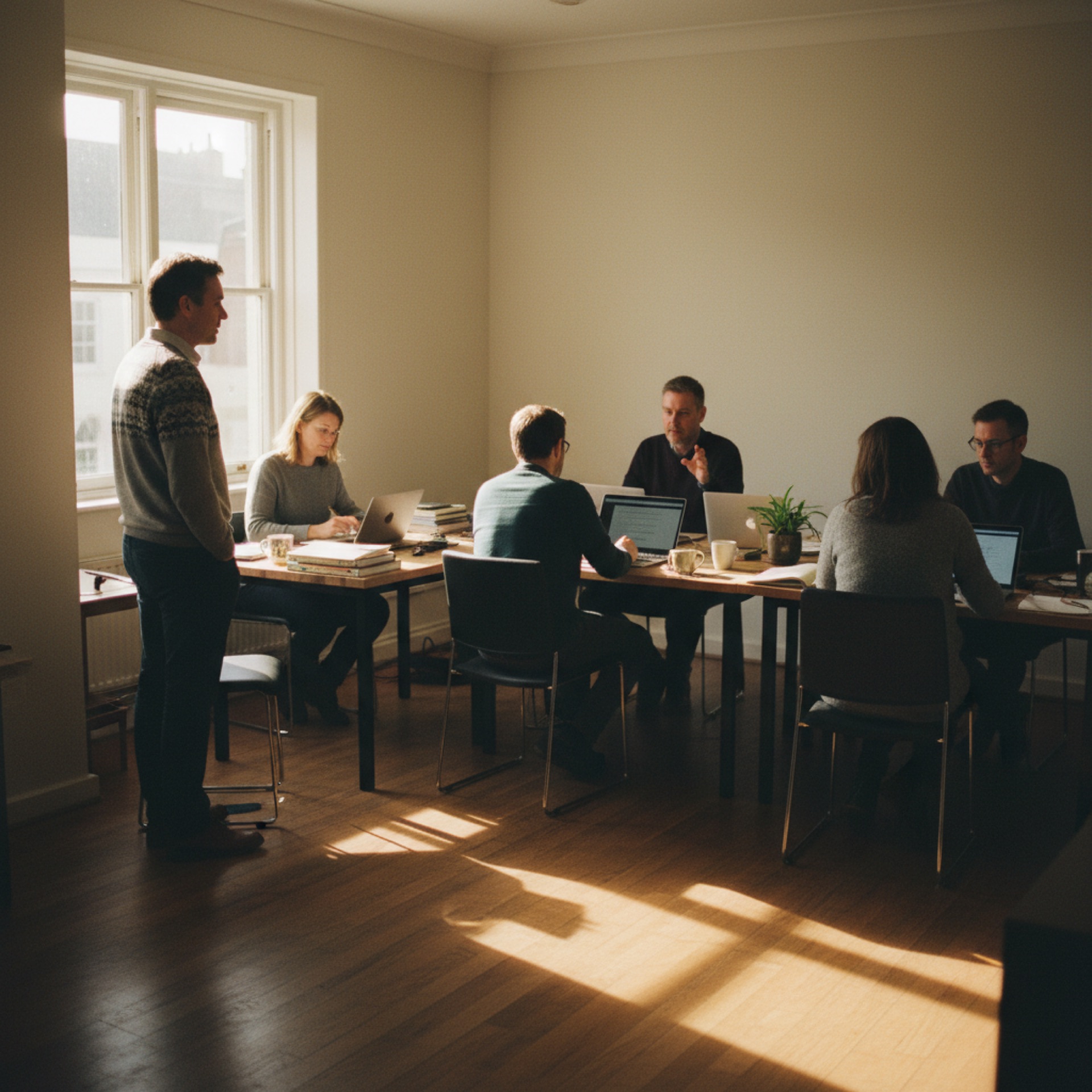 A person standing at the edge of a small open-plan office, watching colleagues working at desks
