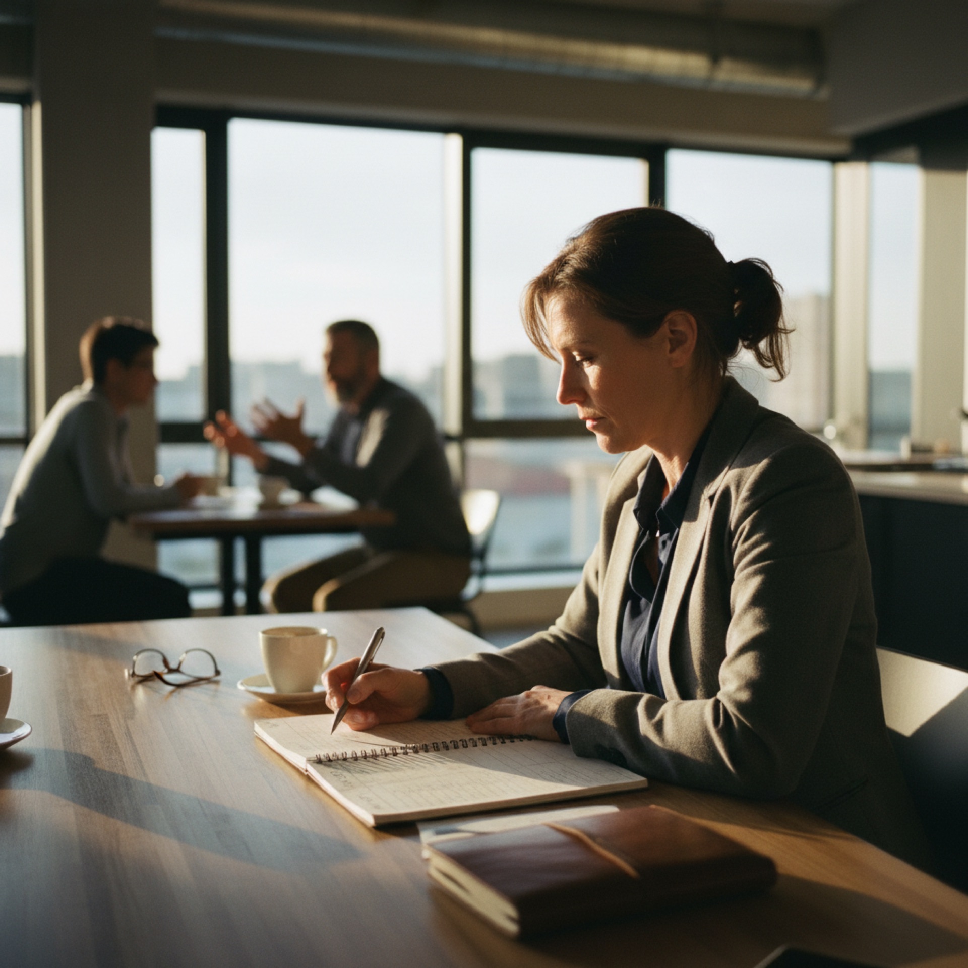 Founder sitting at a desk reviewing a diary or calendar, natural light coming through an office window