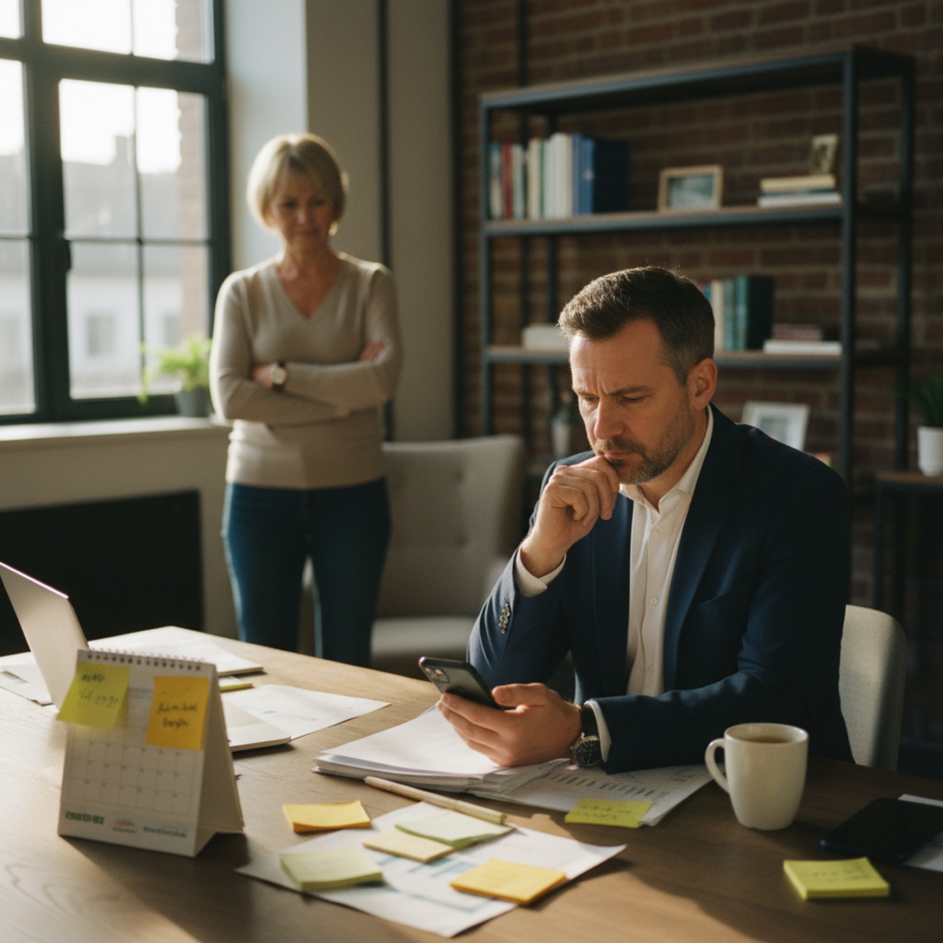 A business owner at a desk reviewing messages with papers and notes spread around them