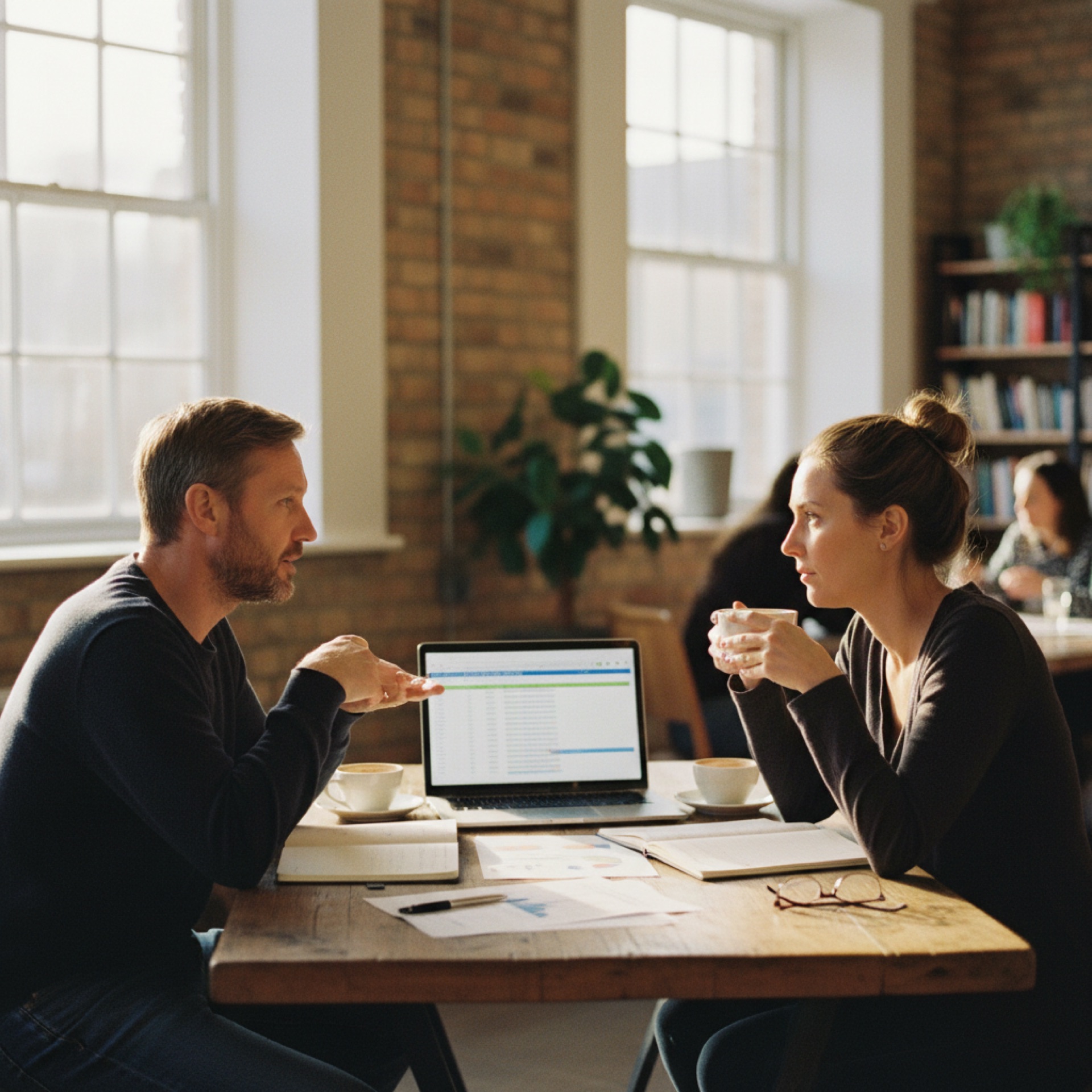 Two people sitting across a meeting room table reviewing documents together