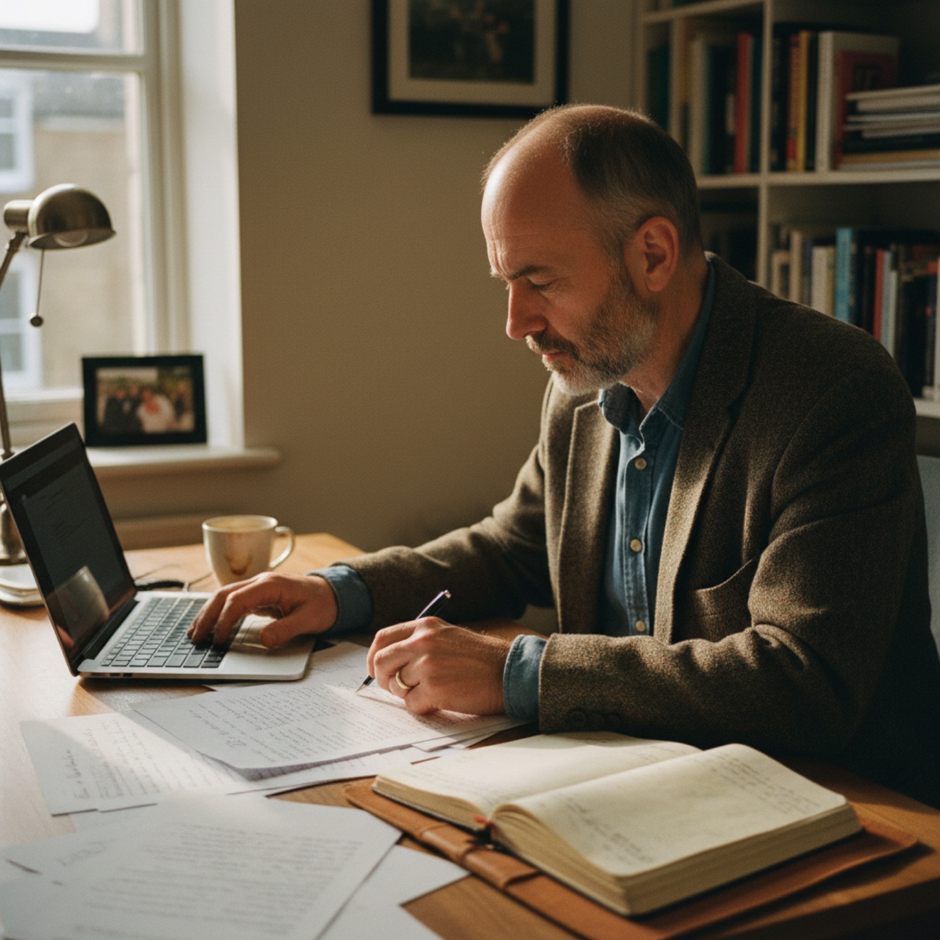 A person reviewing printed documents at a desk with a laptop open beside them