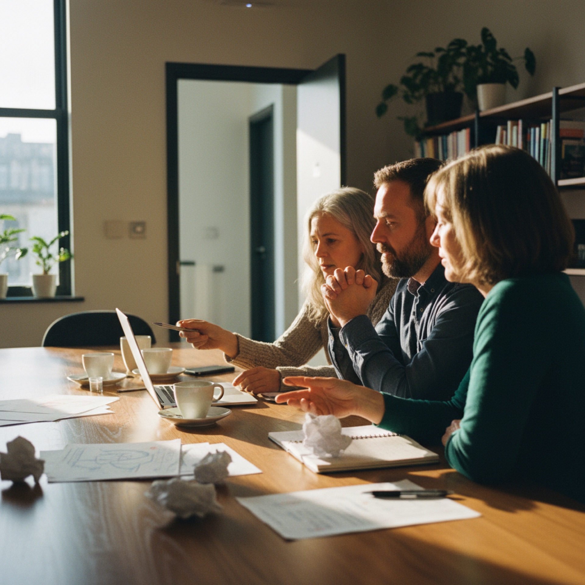 Three colleagues reviewing something on a laptop screen in a bright meeting room