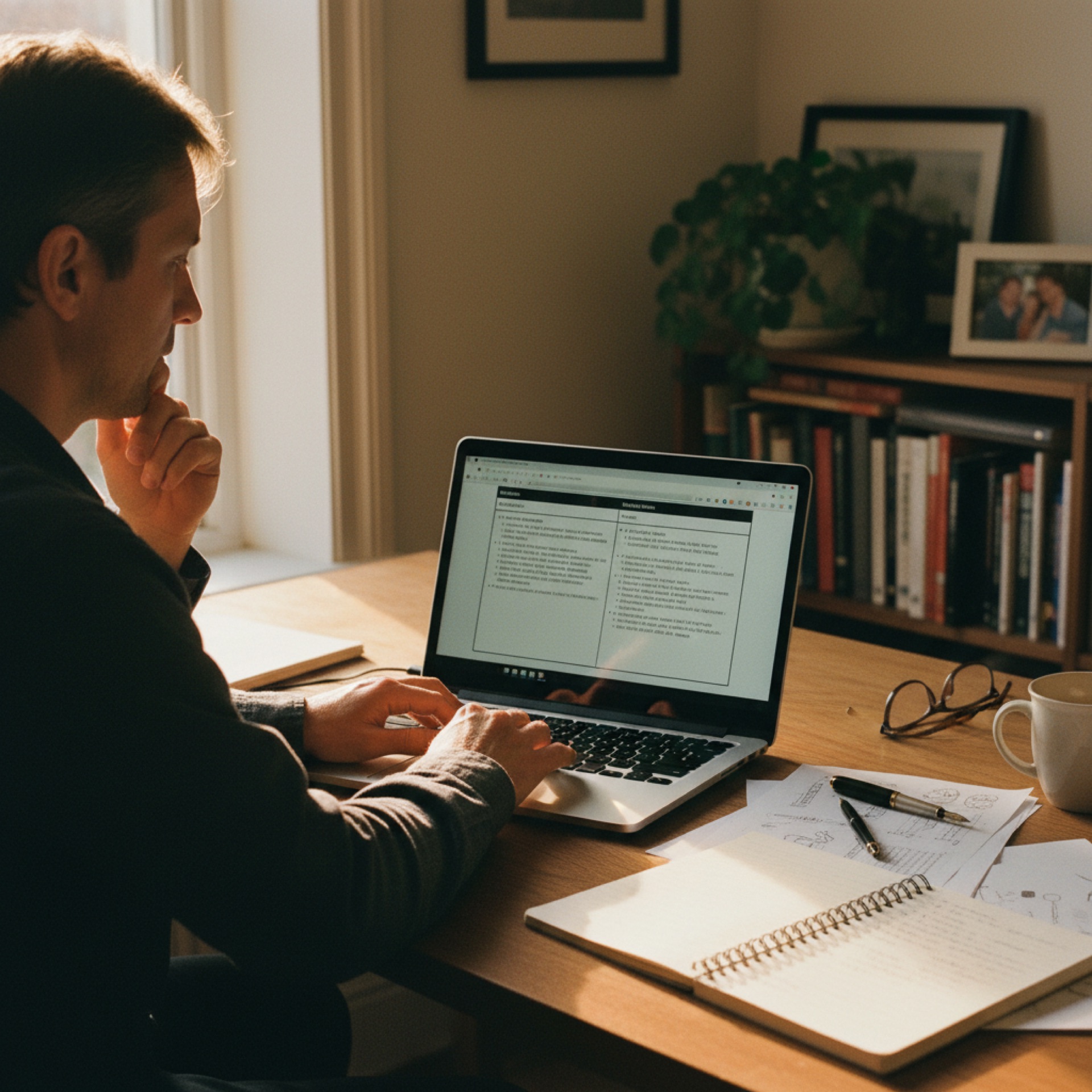Person at a desk reviewing a comparison on a laptop screen in a bright home office