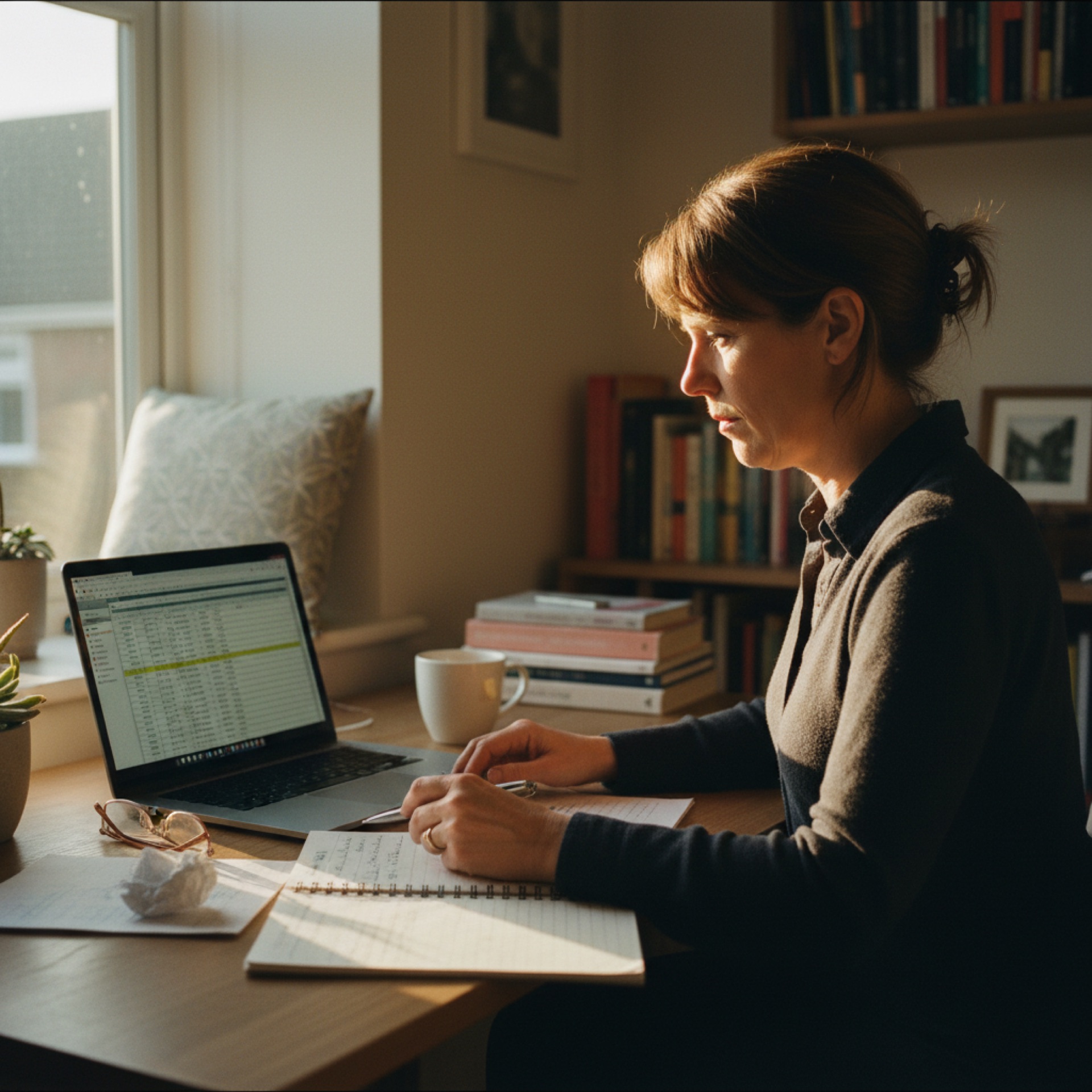 person reviewing spreadsheet data on a laptop at a desk in a naturally lit office