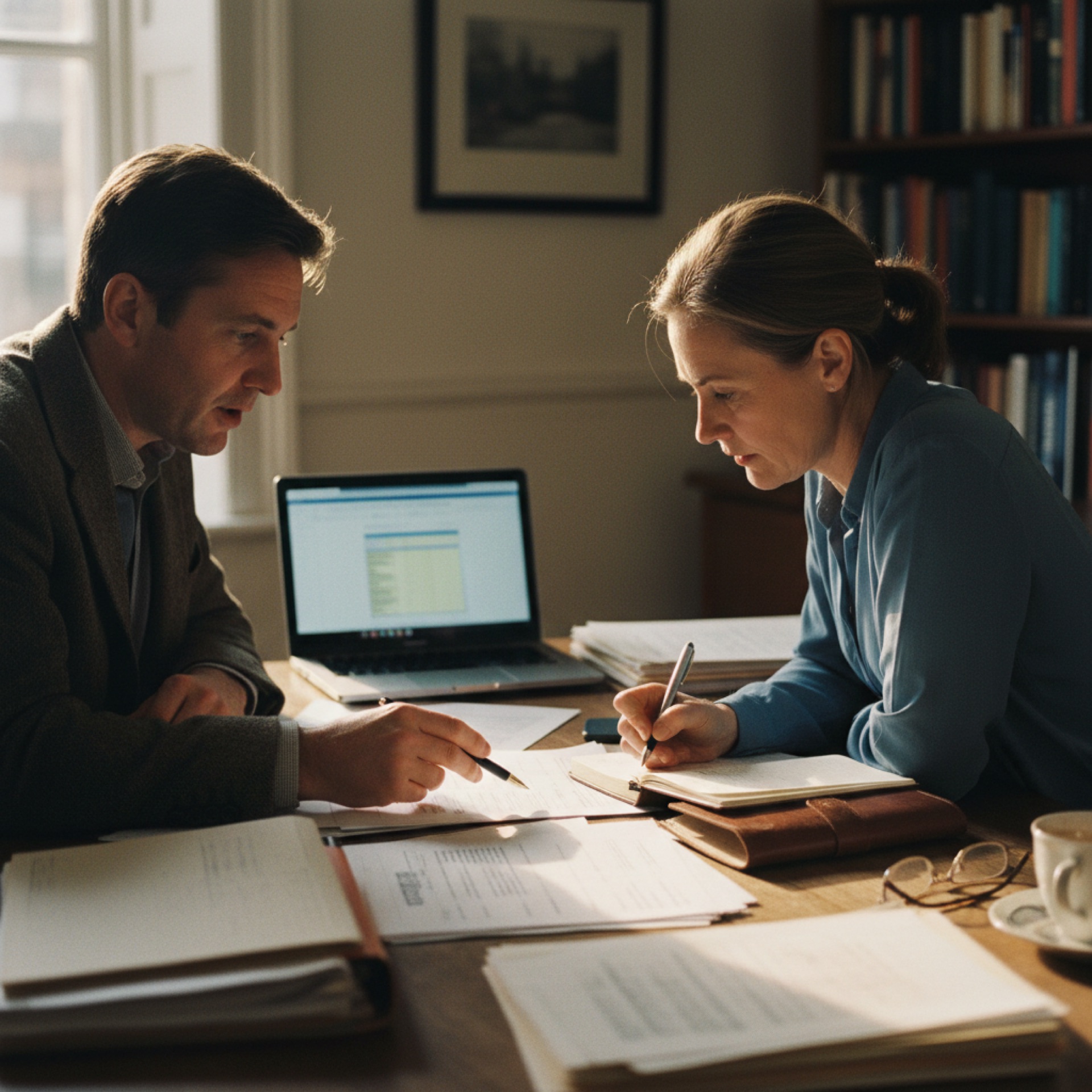 Two professionals reviewing documents together at an office desk