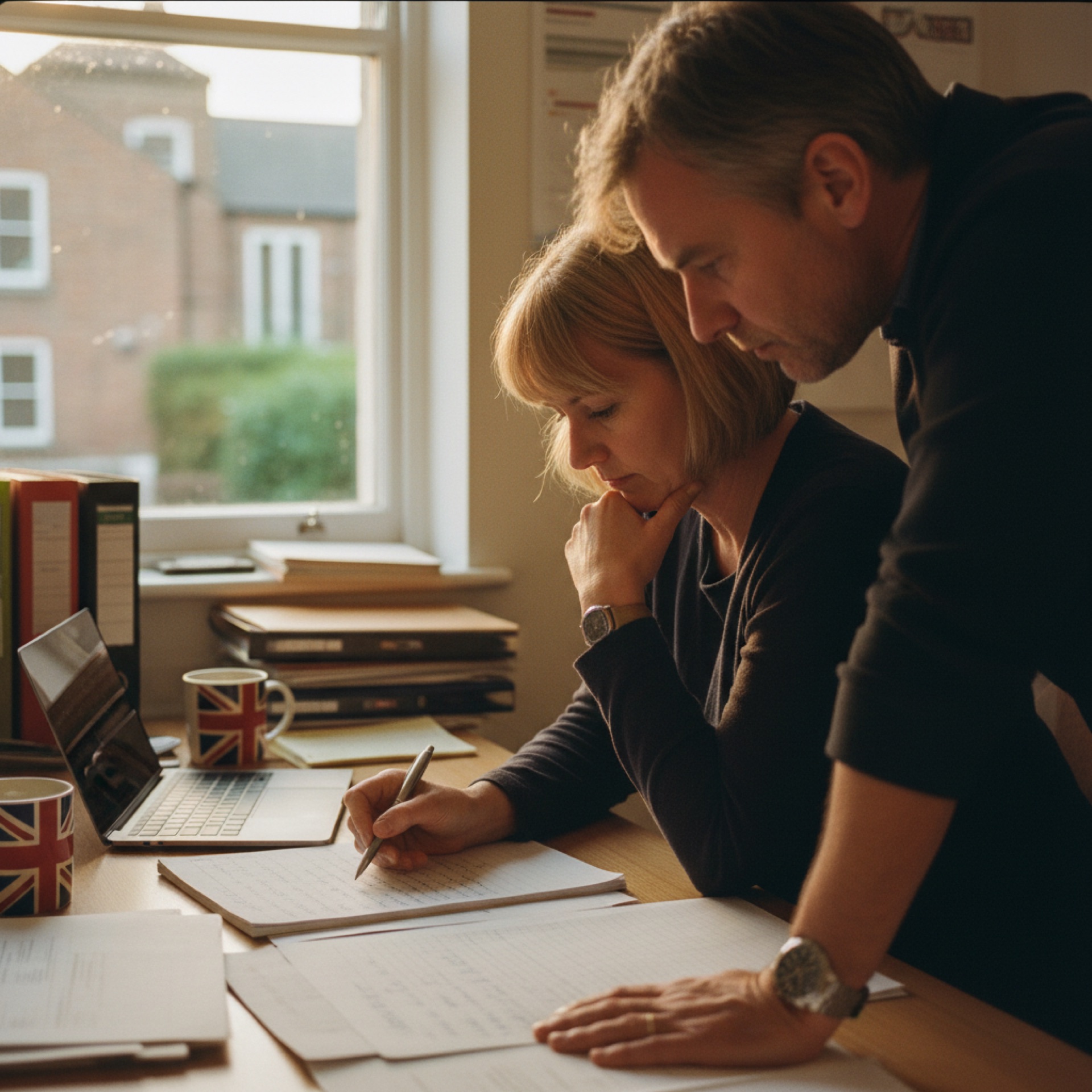 Two colleagues reviewing handwritten notes at a desk in a small office