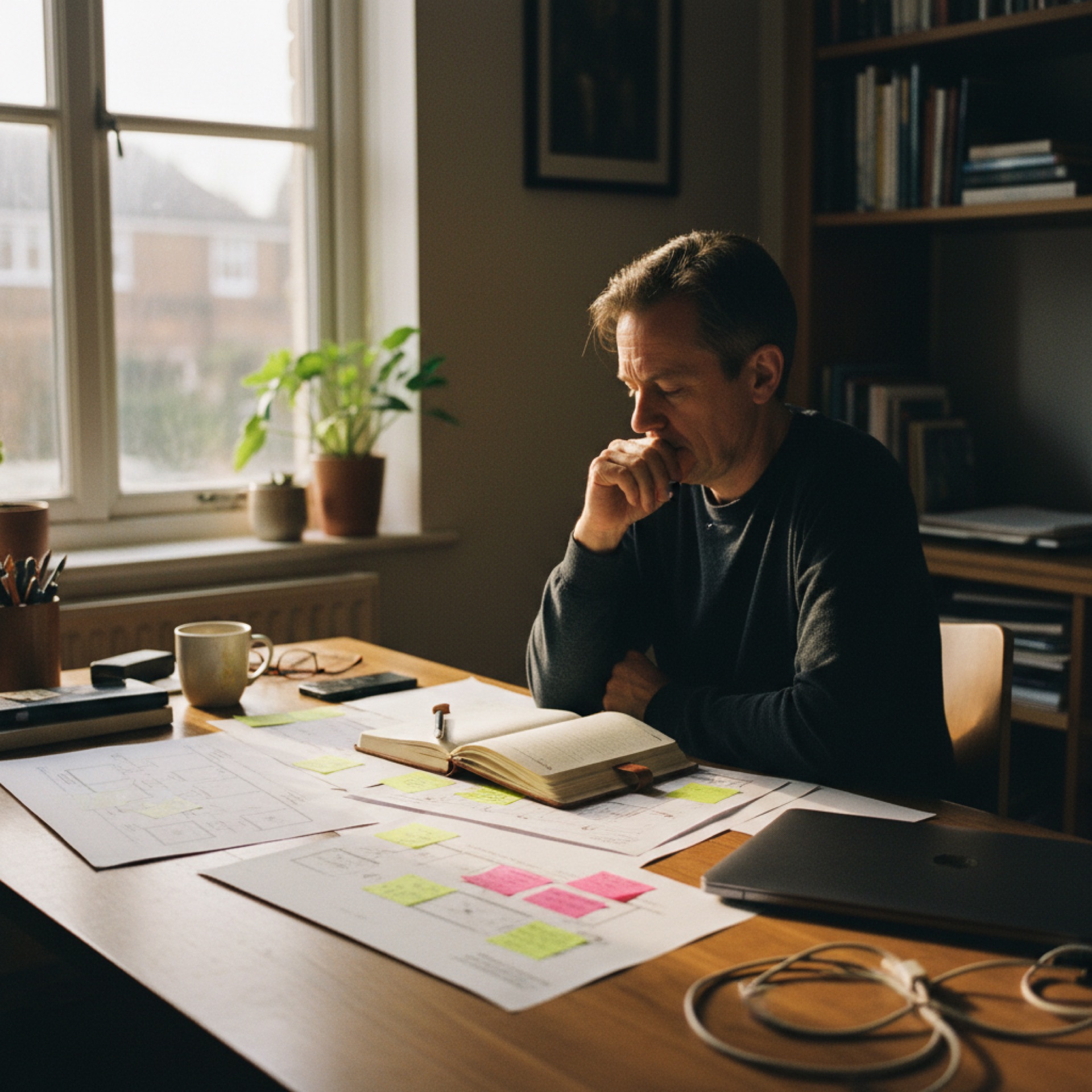 A person at a desk reviewing workflow diagrams and notes alongside a laptop