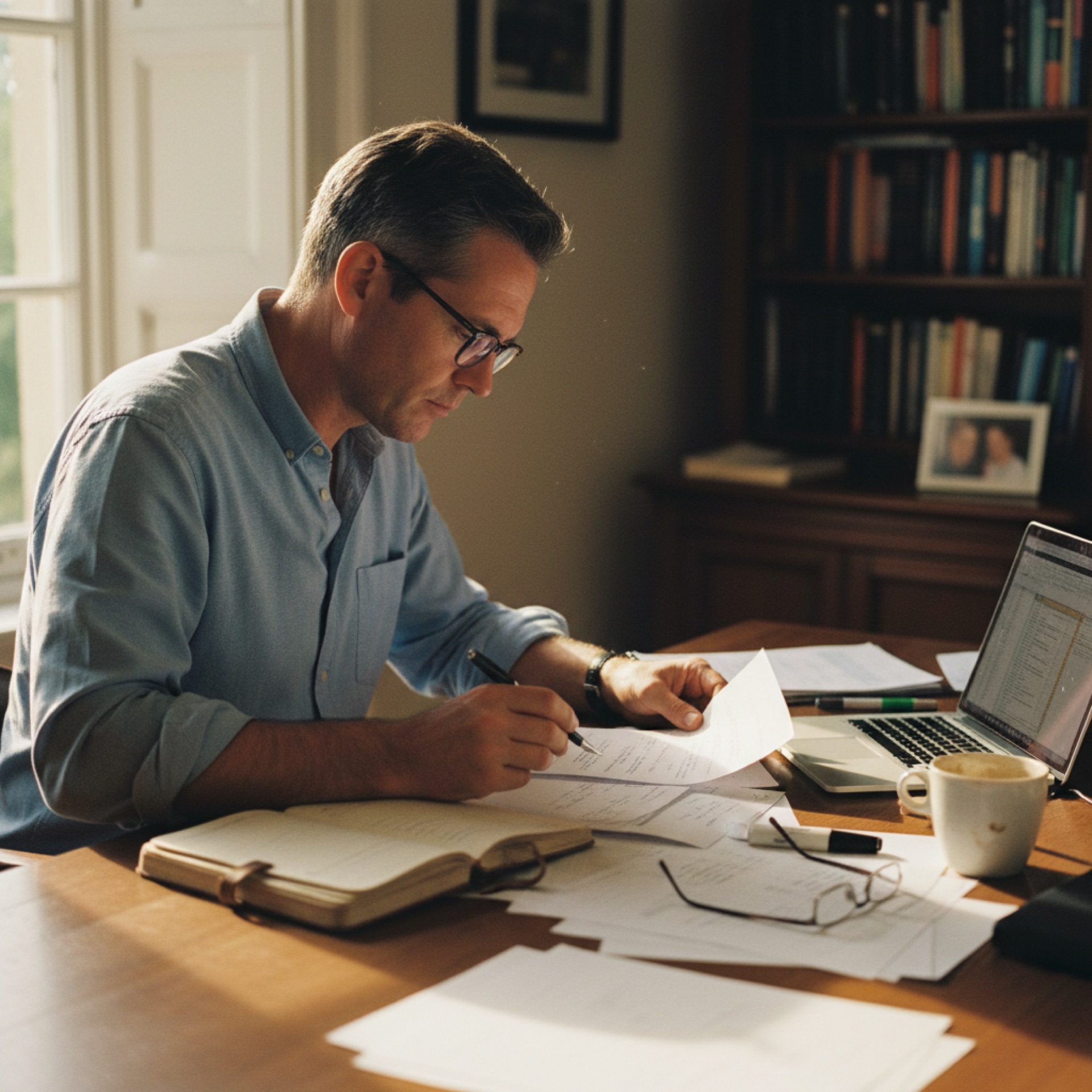 A professional reviewing printed documents at a desk with a laptop open beside them