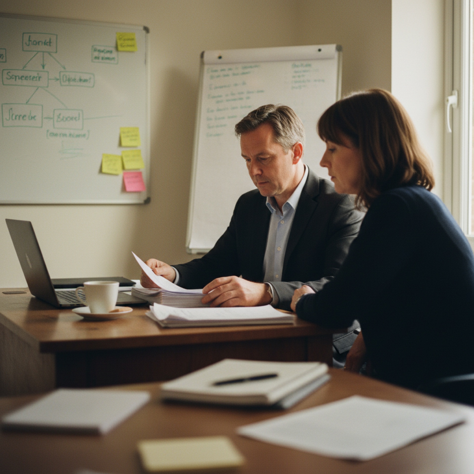 Person at a desk reviewing documents in a naturally lit office