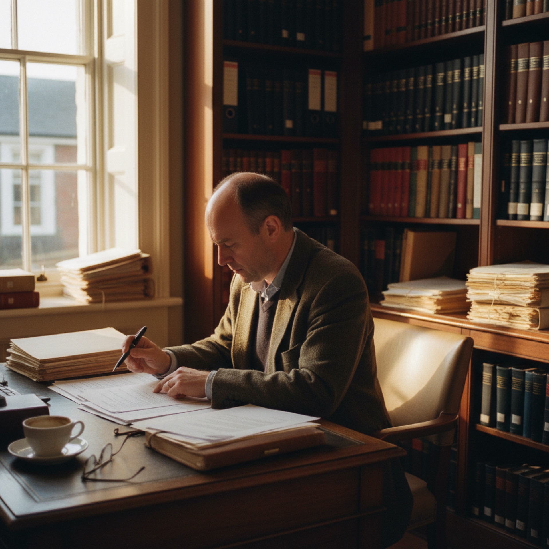A solicitor at a desk reviewing a printed document with pen in hand, natural light from a window behind