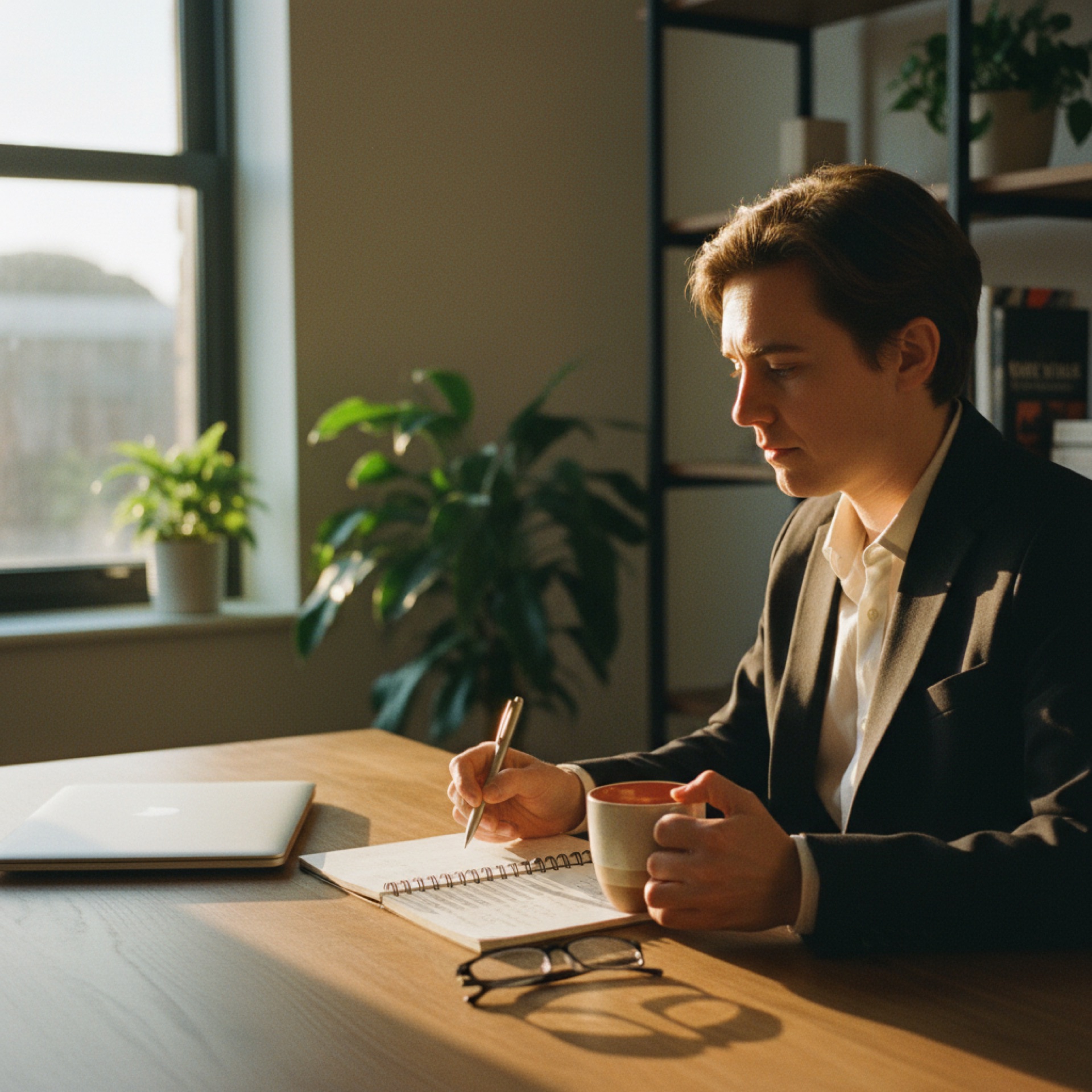 A business owner reviewing email on a laptop at a clean office desk with morning light coming through a window