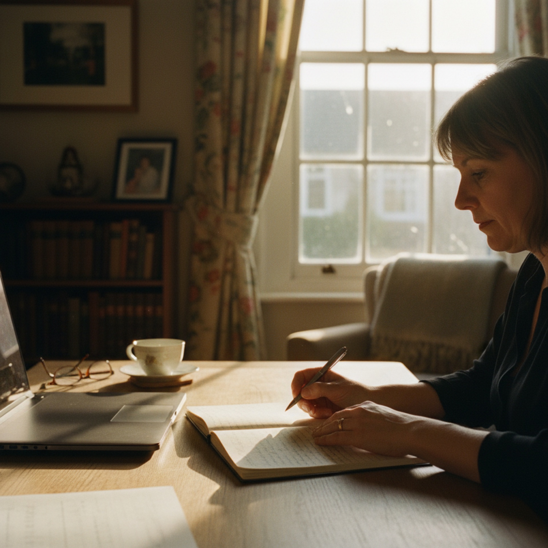 A person making notes by hand while reviewing a laptop screen at a desk in a home office