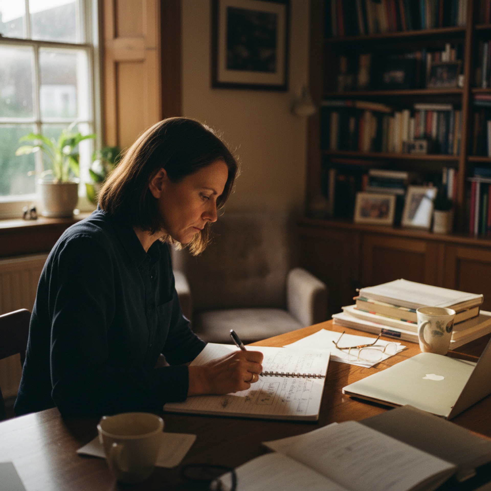 Founder sitting at a desk with a laptop and notebook, working in a naturally lit study