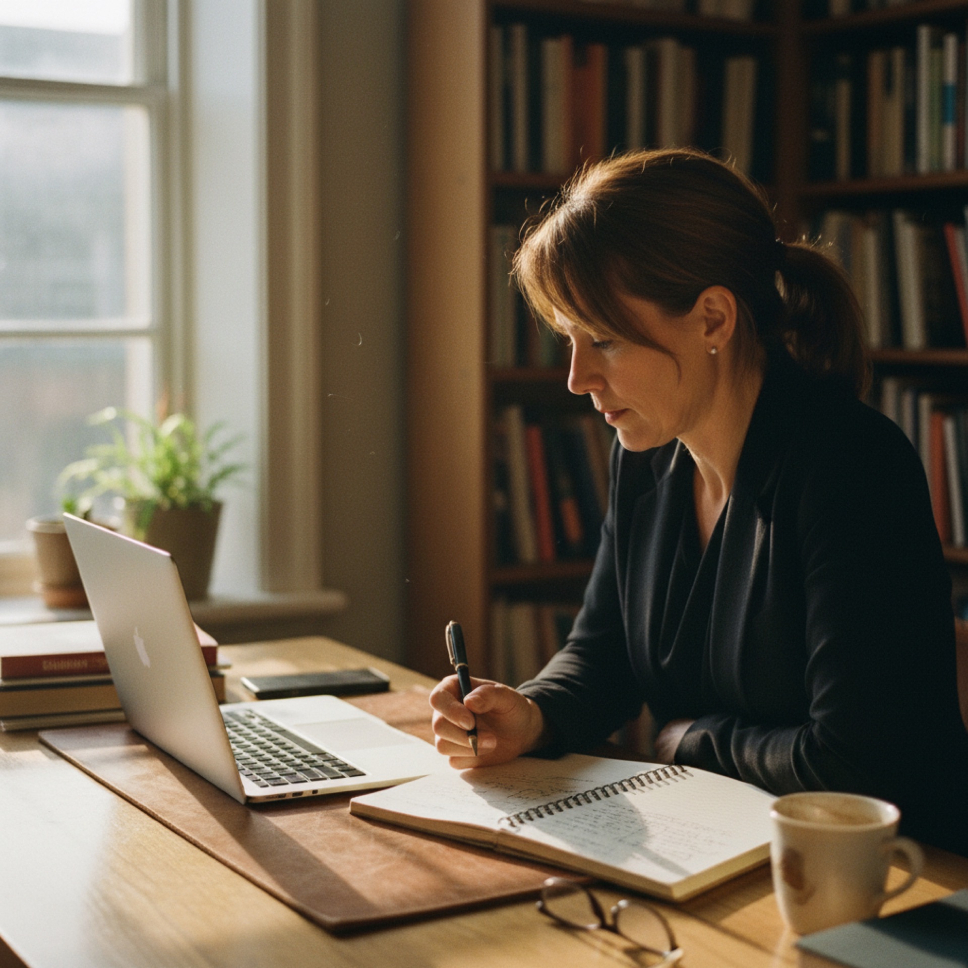 A business owner at a desk reviewing notes beside an open laptop in natural light