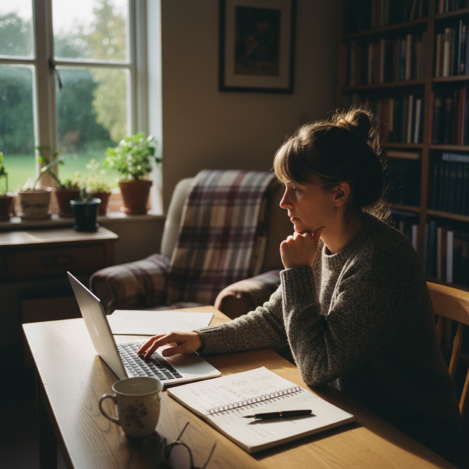Person sitting at a desk with a laptop and notebook, looking thoughtfully at the screen