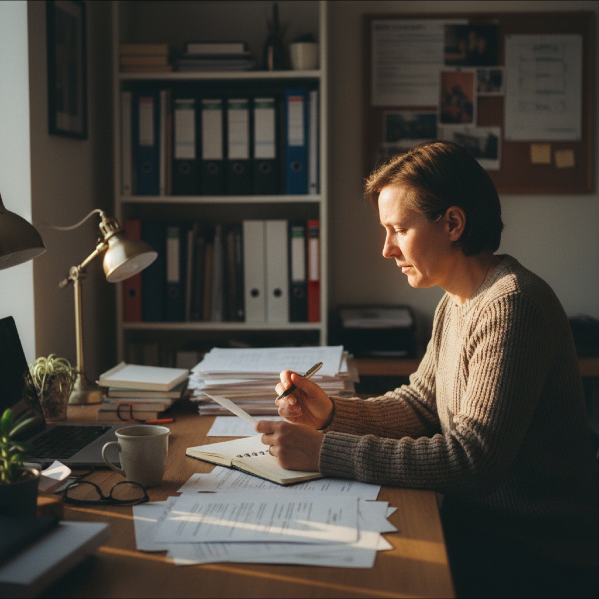 A person reviewing printed documents at a clean desk with a laptop open in the background